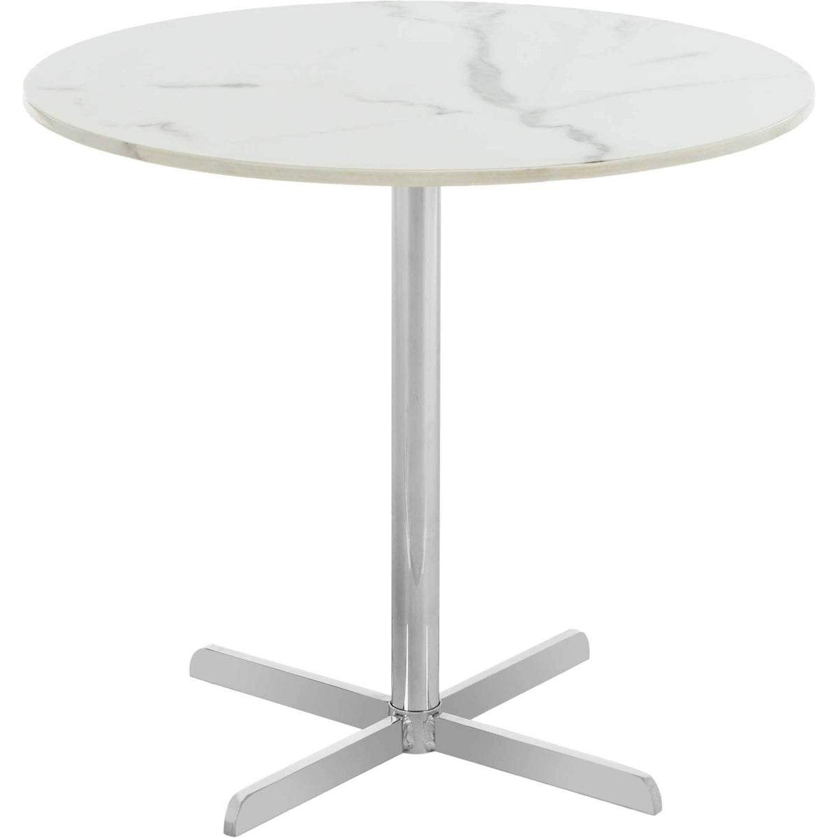 A veined white round tabletop rests on a polished chrome pedestal with a four-point base. || ACC6200B || front_studio