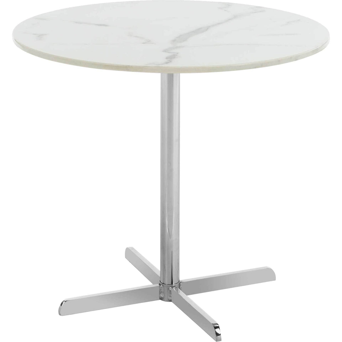 A slim chrome pedestal and gleaming cross base give this marble-look table modern appeal. || ACC6200B || side_studio