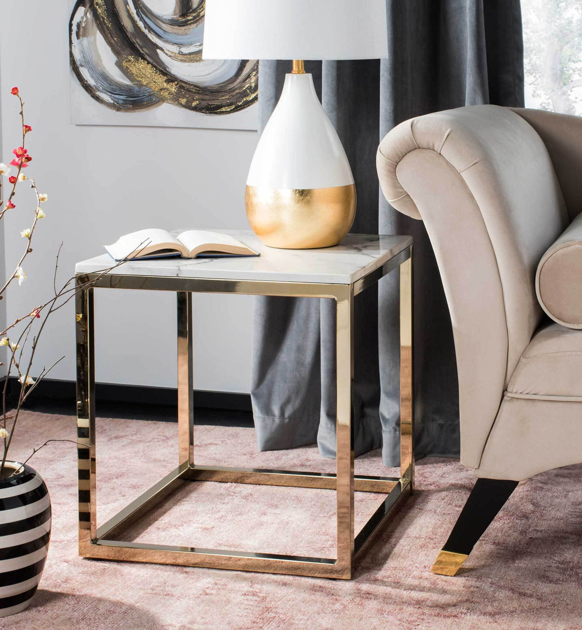 Benjamin Square End Table White Marble/Brass