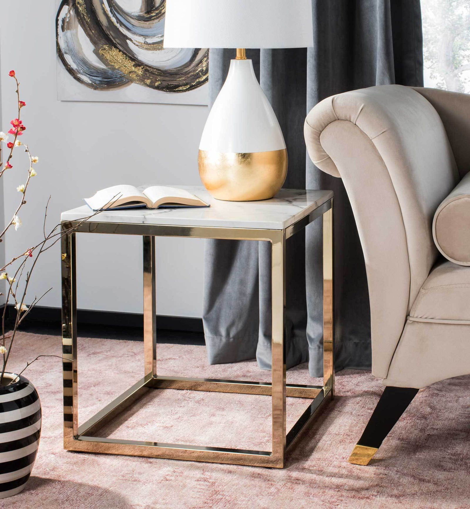Benjamin Square End Table White Marble/Brass