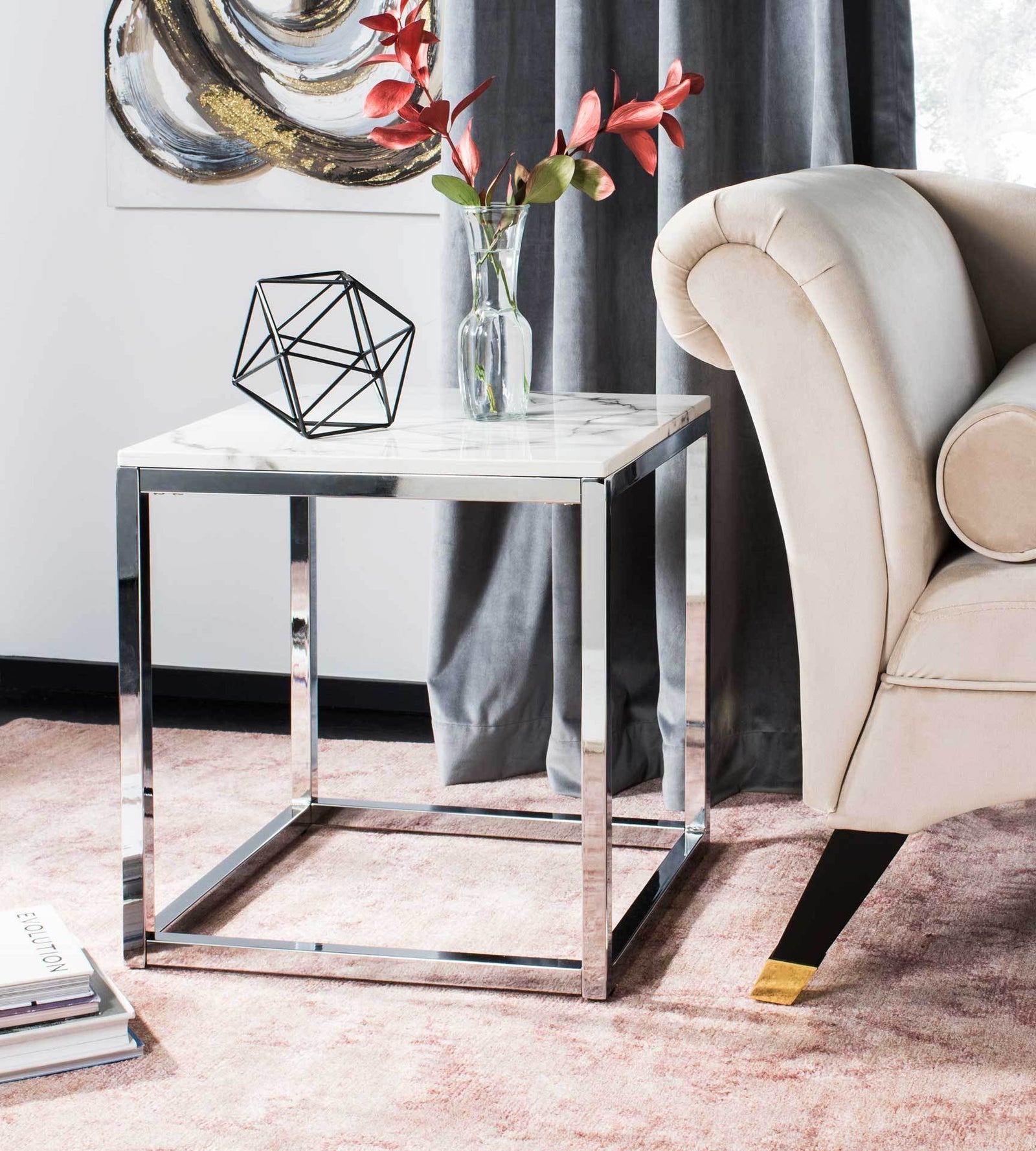 Benjamin Square End Table White Marble/Chrome