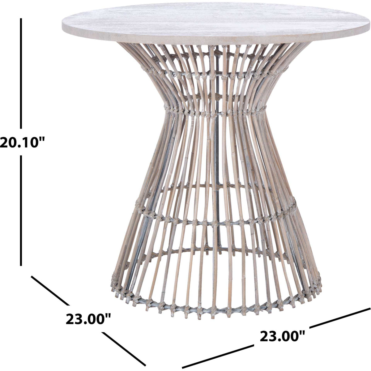 A 23-inch round wood top and airy rattan base stand approximately 20.1 inches tall.