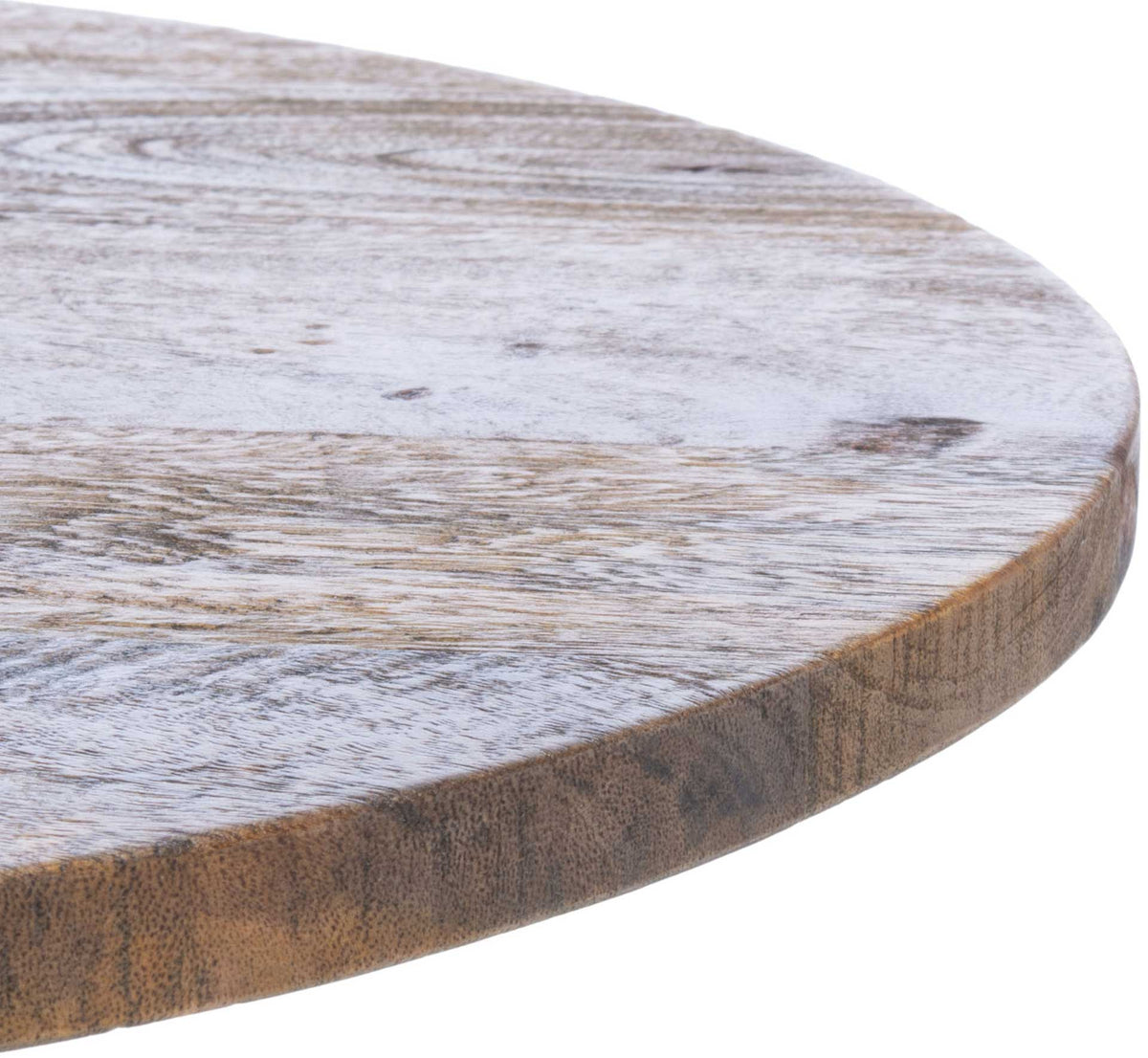 Rich brown grain shows through the washed mango wood tabletop and along its edge.