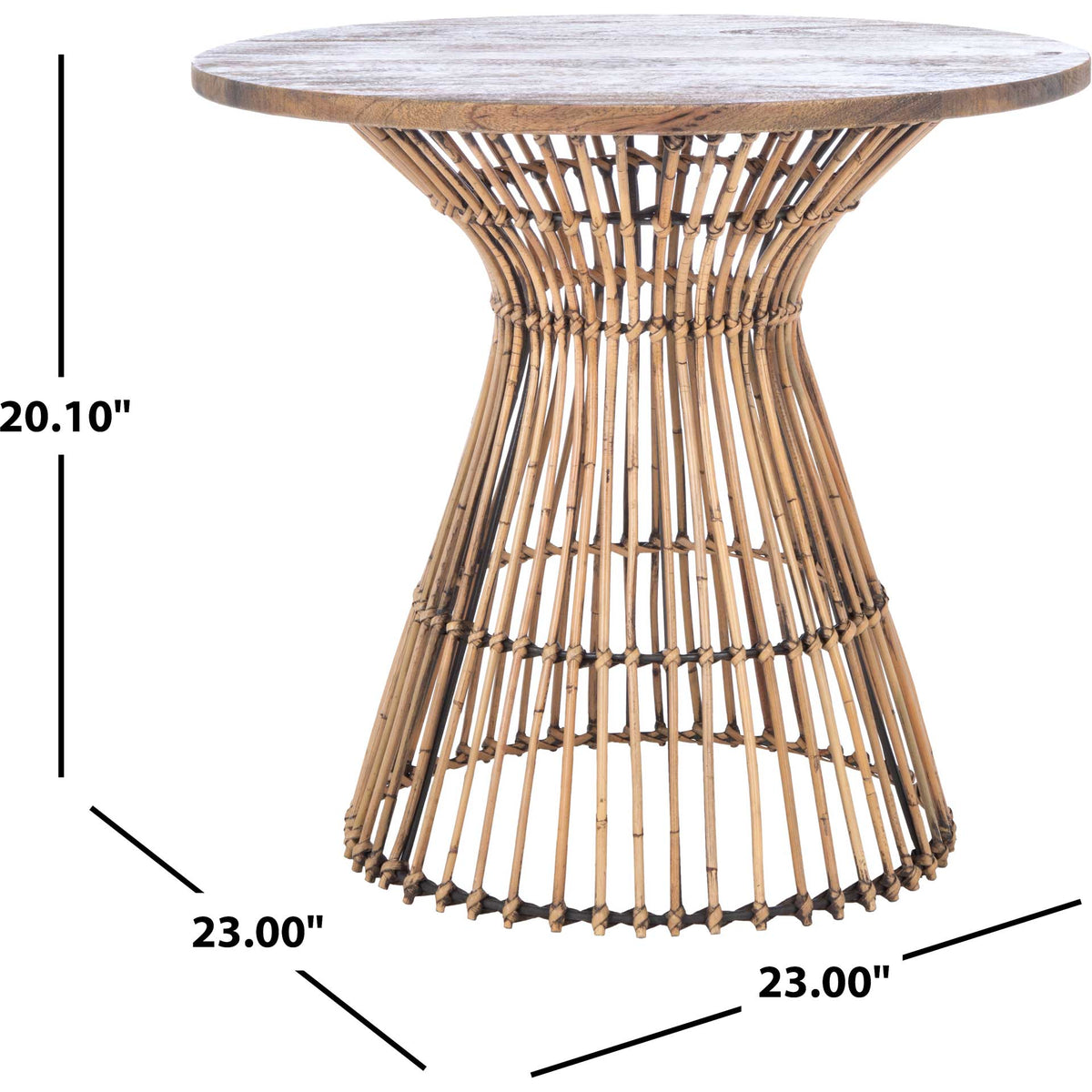 A 23-inch honey brown wood tabletop and open rattan base stand 20.1 inches high.