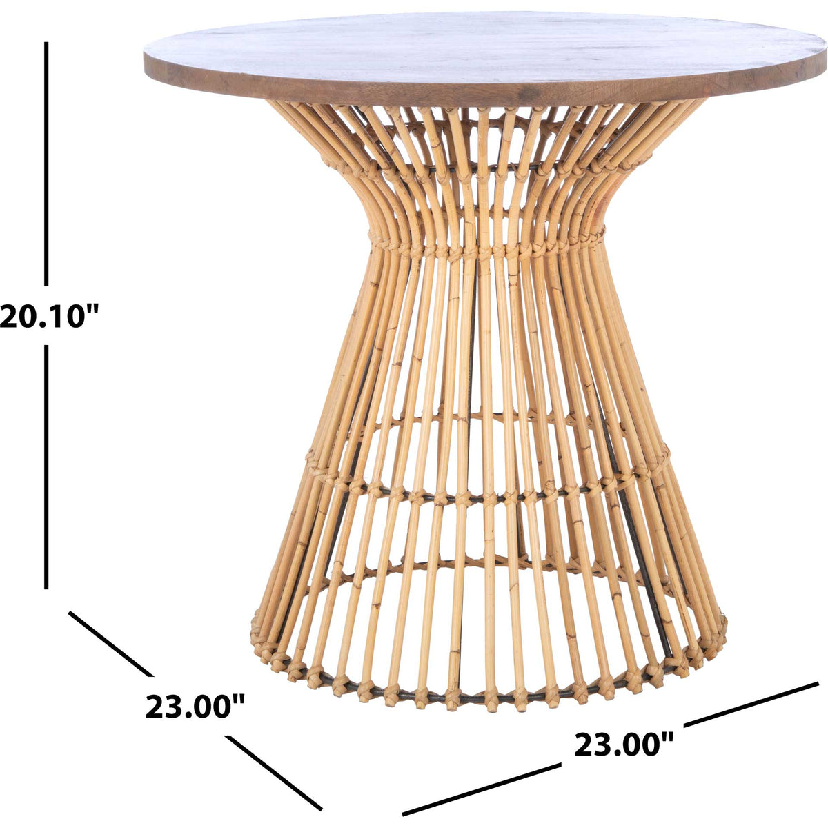 The natural wood and rattan accent table measures 23 inches wide and 20.1 inches high.