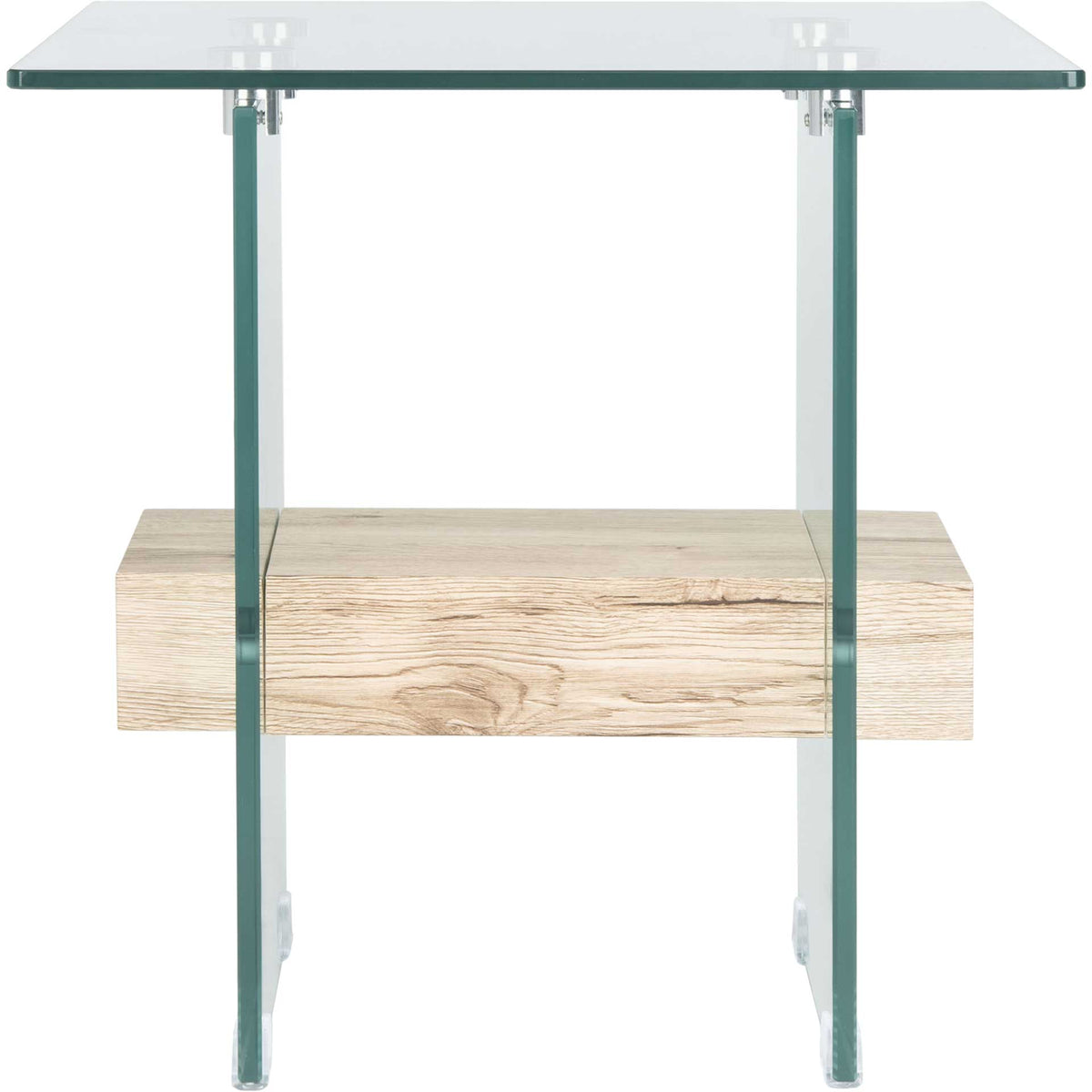 A square glass tabletop rests above a substantial light wood-look shelf with visible grain. || ACC7001A || front_studio