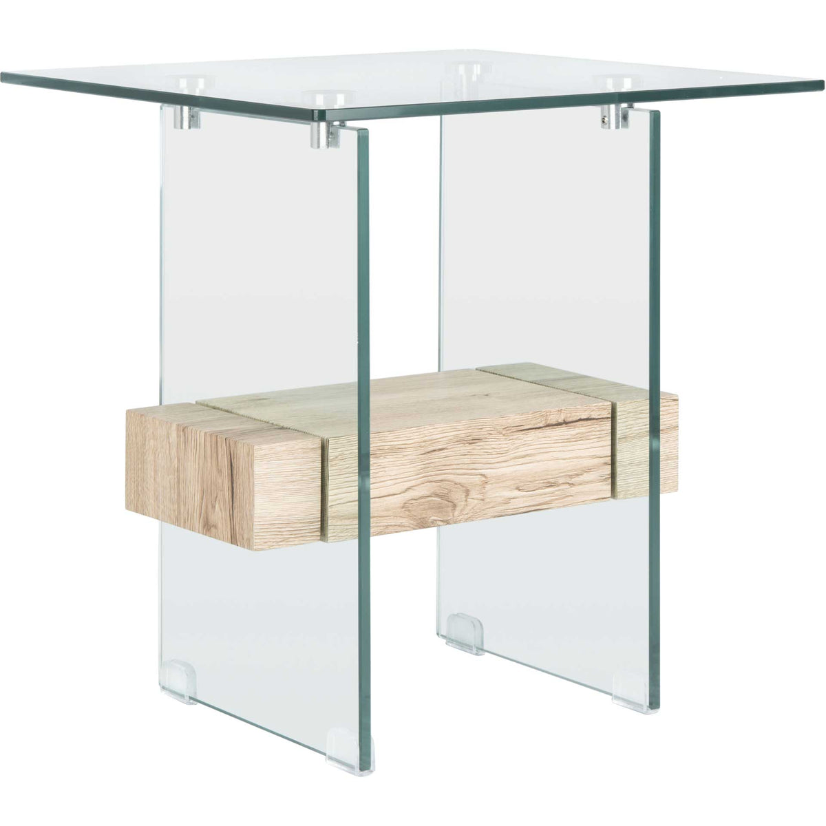 A natural wood-grain shelf brings warmth to the clear glass top and transparent panel legs. || ACC7001A || front_angle_studio
