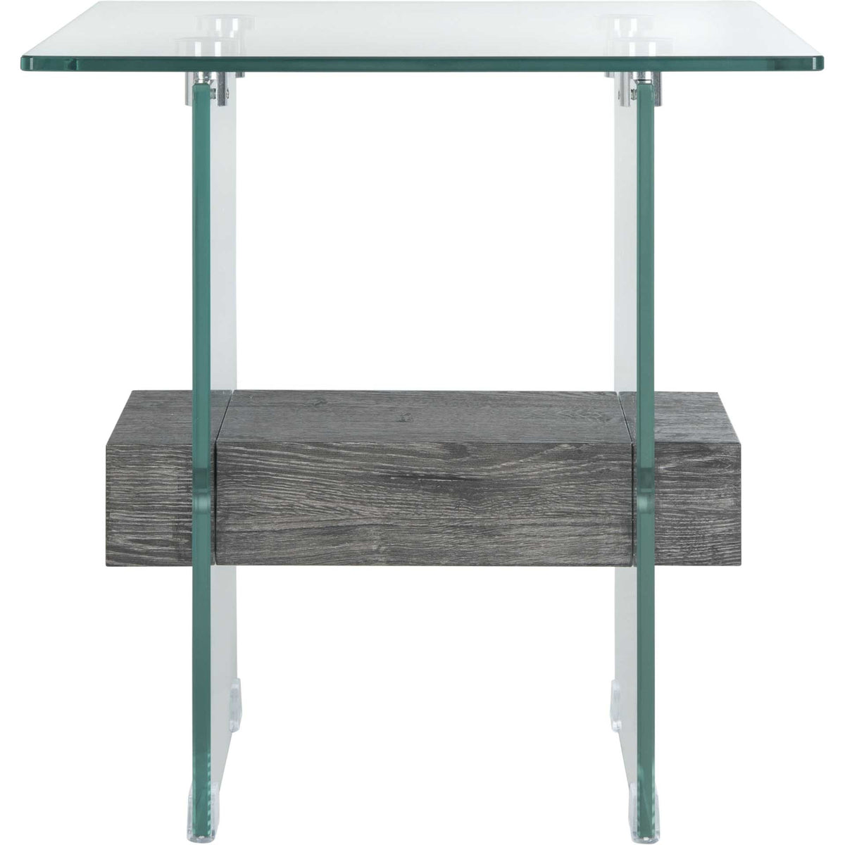 A thick black wood-grain shelf adds contrast to this square glass accent table. || ACC7001B || front_studio