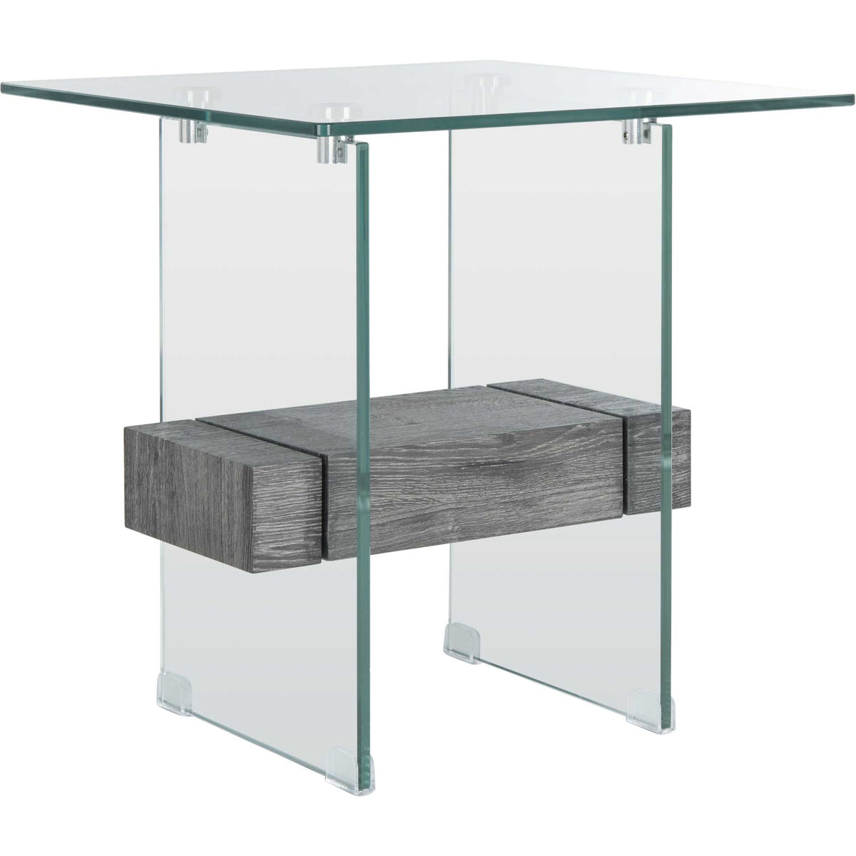 A clear glass top and panel legs frame a dark oak-look shelf that seems to float. || ACC7001B || front_angle_studio
