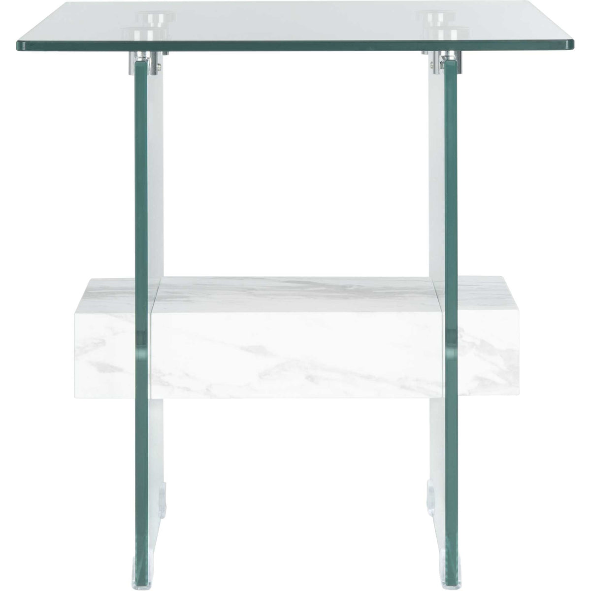 A clear glass top and panel legs balance the chunky white faux marble shelf. || ACC7001C || front_studio