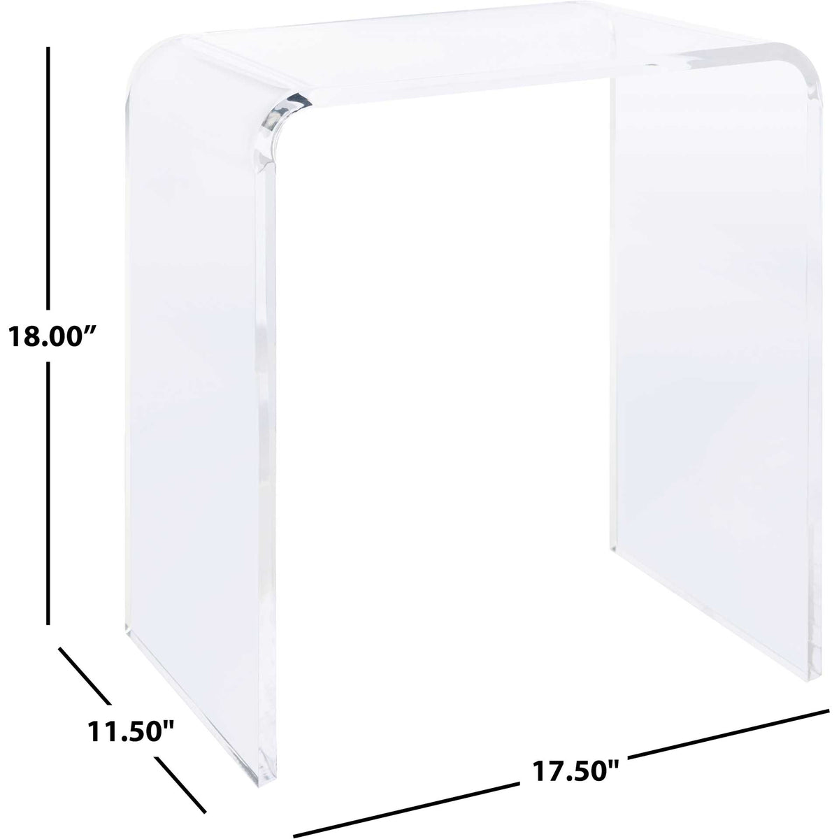 Clear acrylic side table measures 17.5 inches wide, 11.5 inches deep, and 18 inches tall