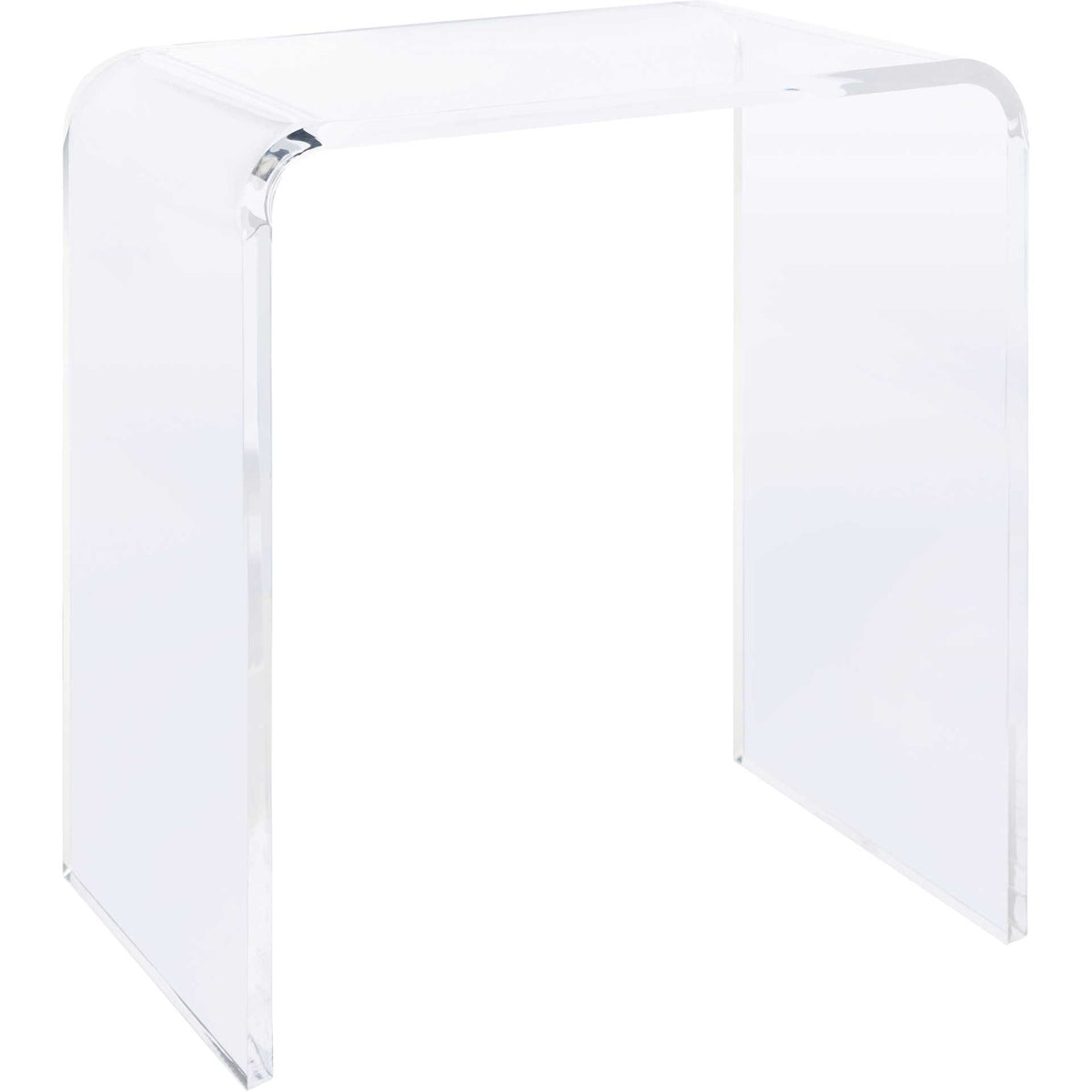 Clear acrylic side table with a curved waterfall top and airy, open base || ACC8000A || front_angle_studio