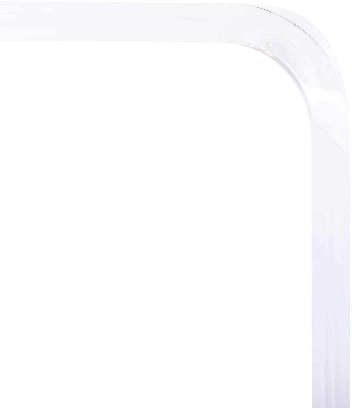 The clear acrylic tabletop curves into a panel leg with a smooth, rounded edge