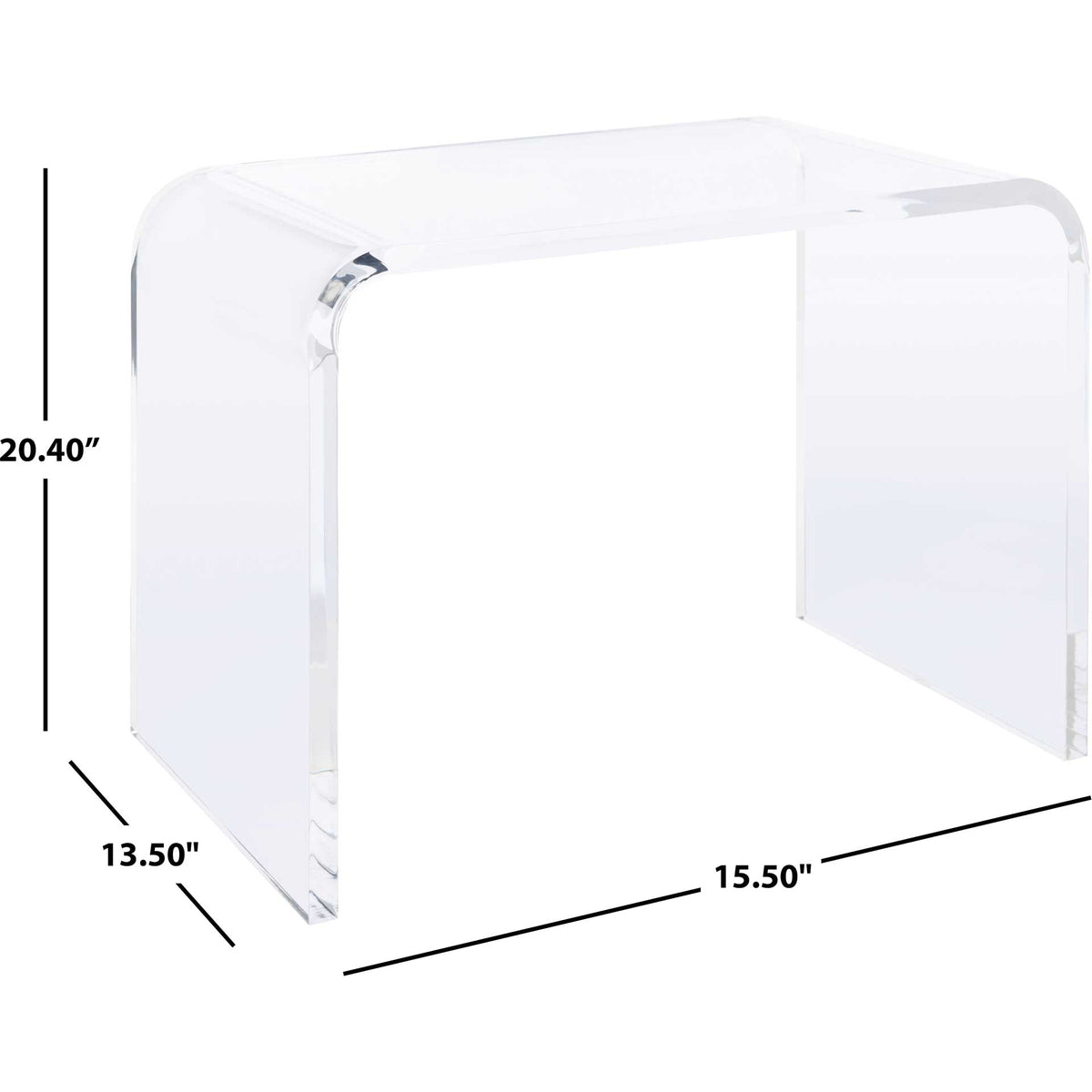 Clear acrylic side table measures 15.5 inches wide, 13.5 inches deep, and 20.4 inches high
