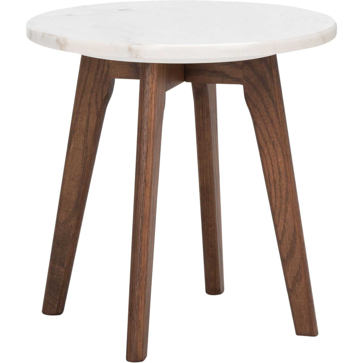 Four tapered walnut-finish legs support a round marble top with subtle veining. || ACC8100A || side_studio