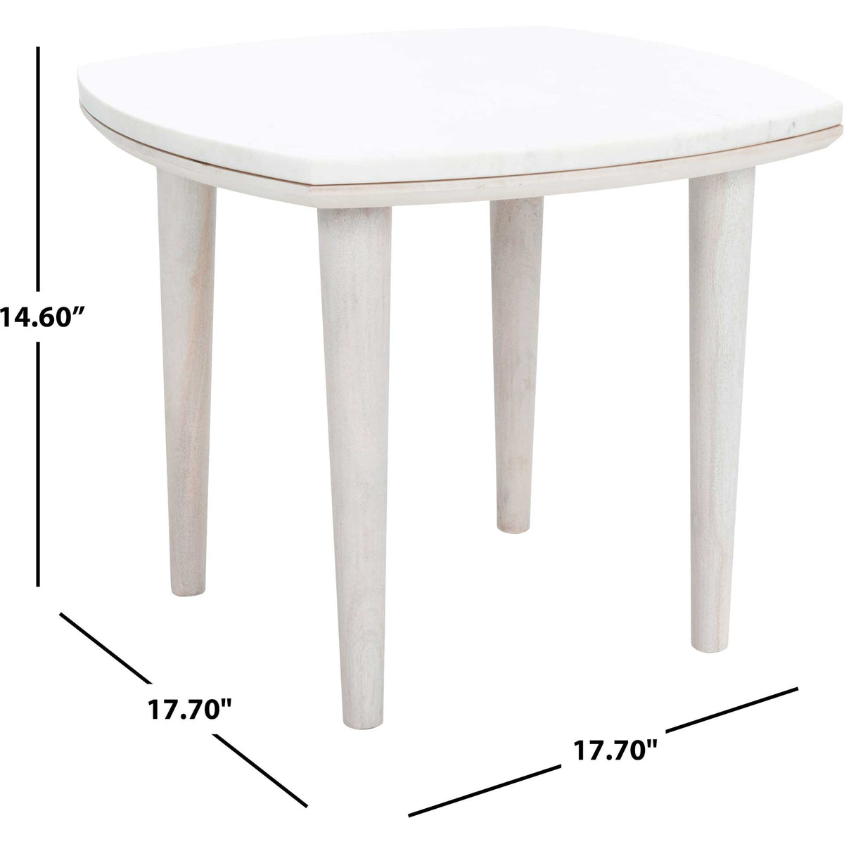 Compact marble side table measures 17.7 inches wide and deep and 14.6 inches high