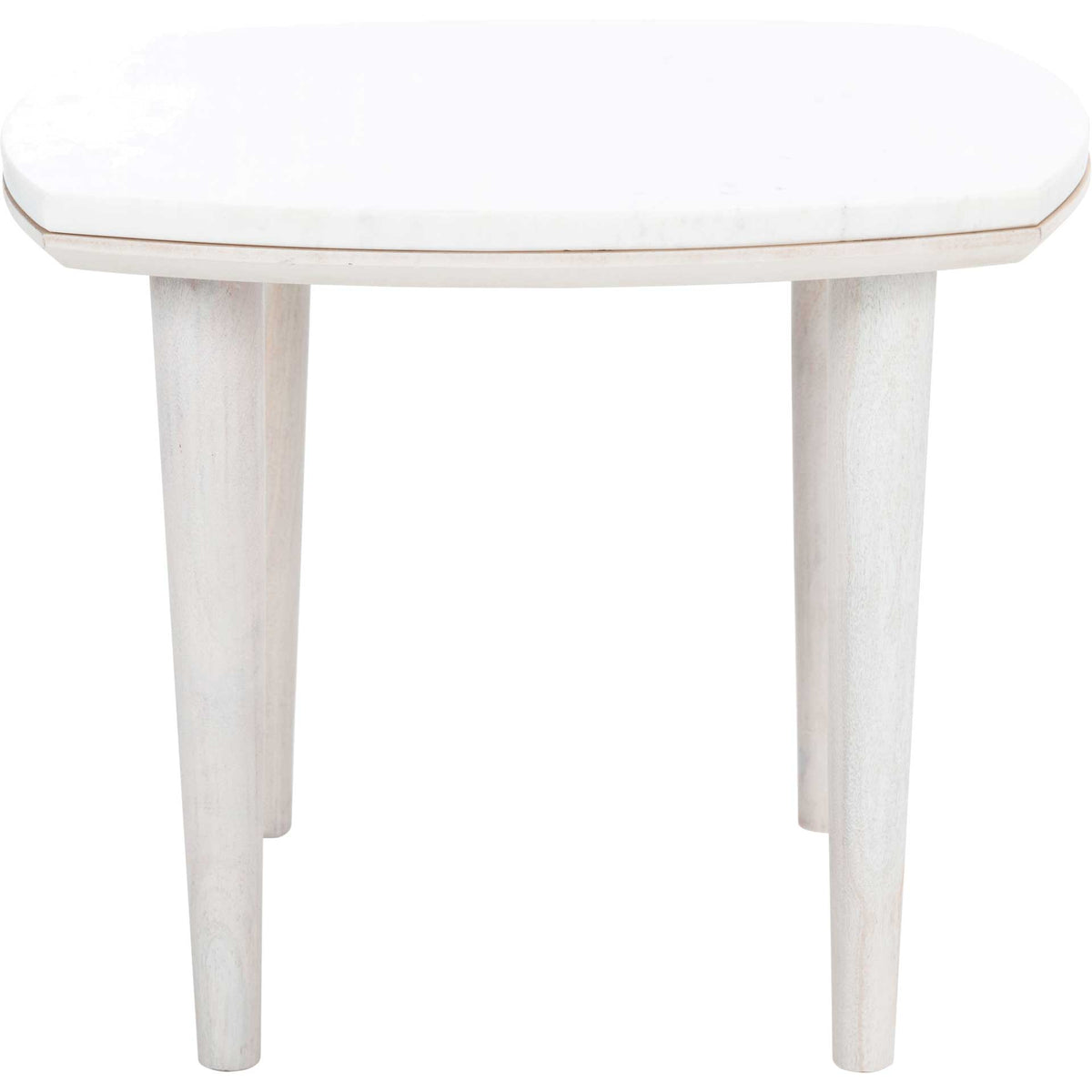 White marble side table with a softly rounded top and tapered acacia wood legs || ACC9000B || front_studio