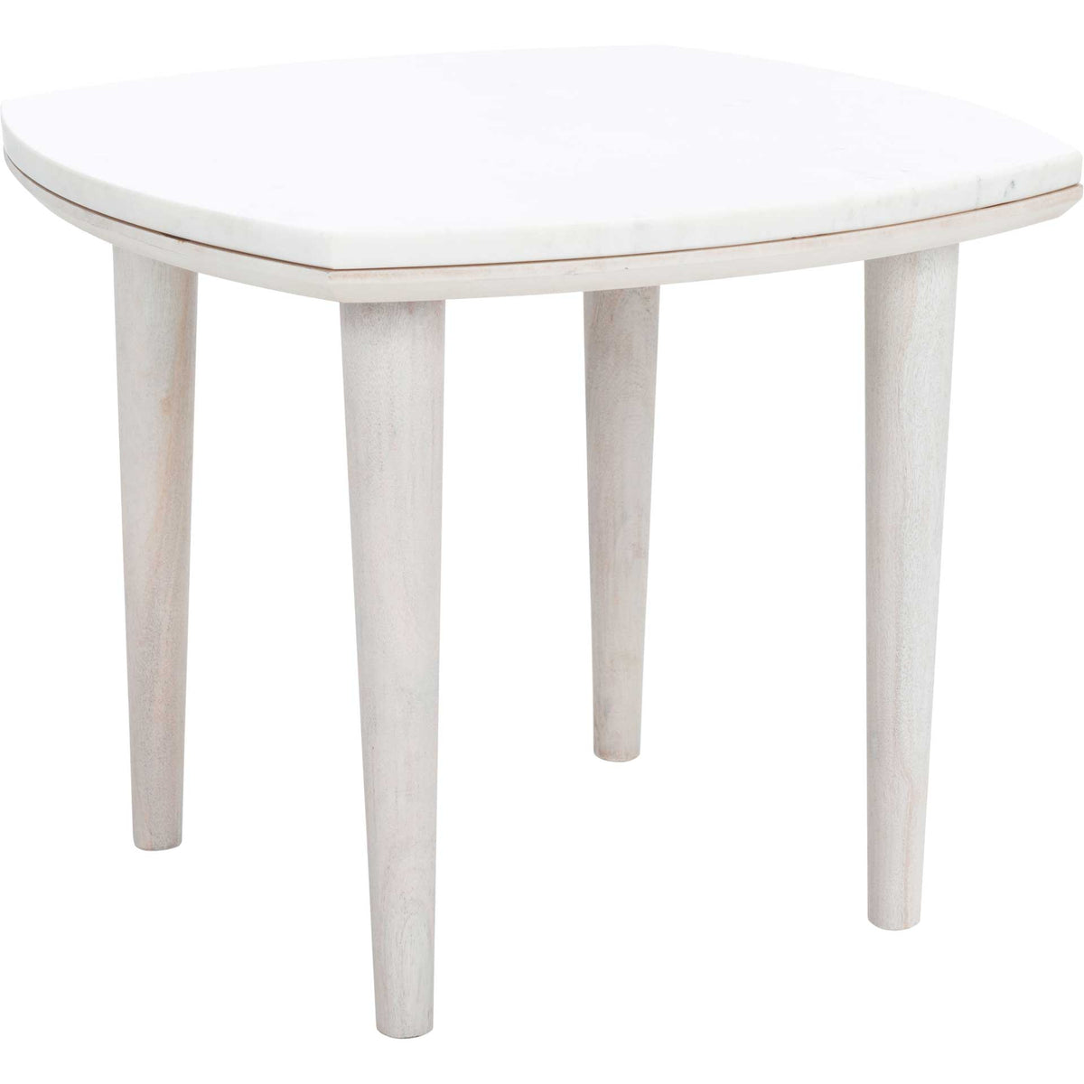 Smooth white marble and tapered whitewashed wood legs give this side table a light, airy look || ACC9000B || front_angle_studio