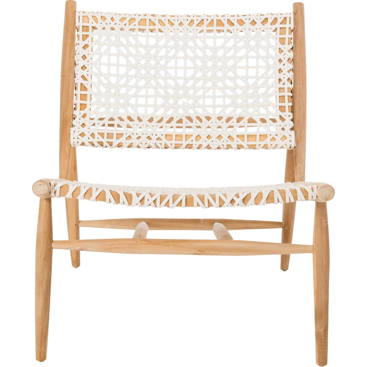 White cowhide leather is woven into an open-pattern seat and back on a warm teak wood frame. || ACH1000A || front_studio