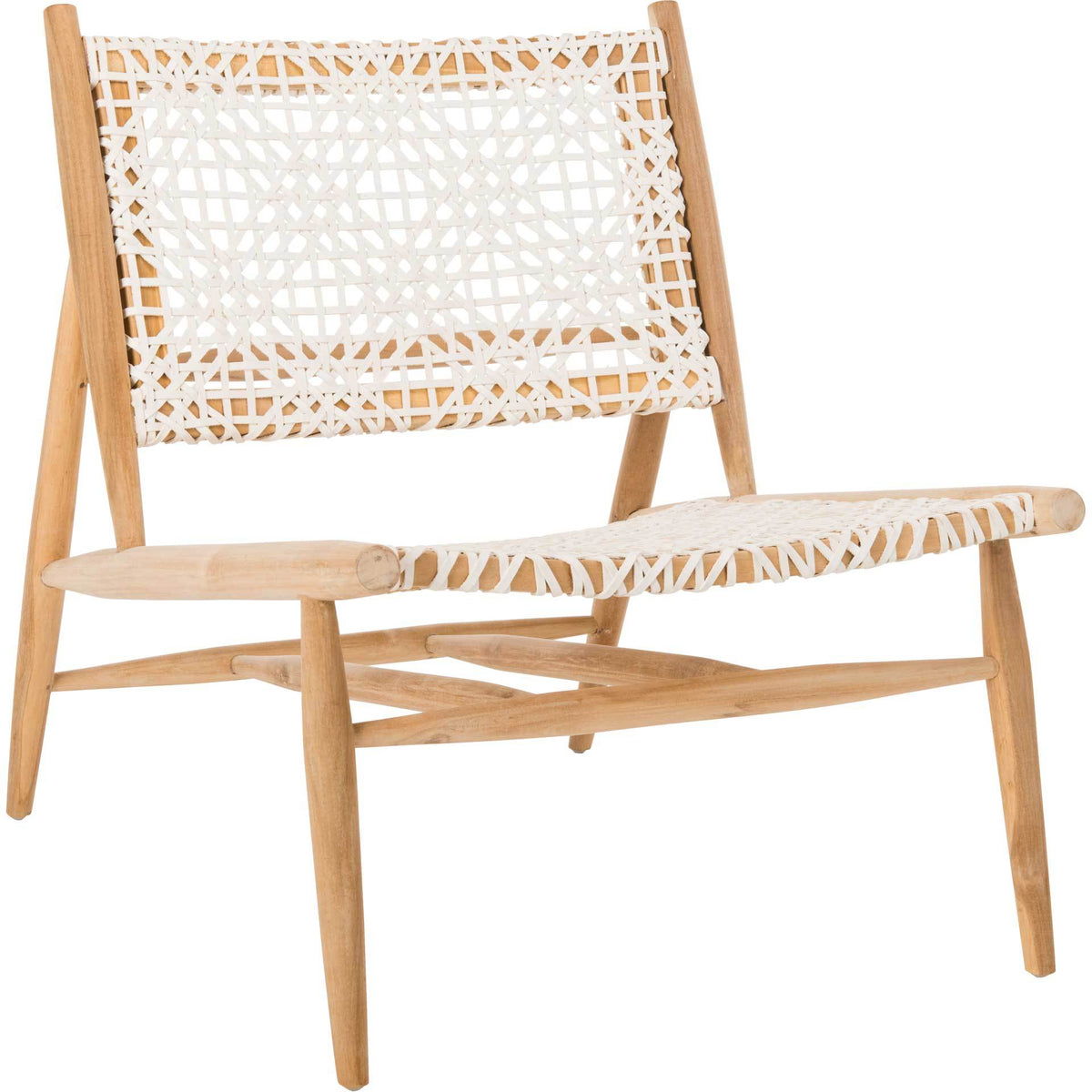 An intricate white leather weave contrasts with golden-toned teak for a light, inviting chair. || ACH1000A || front_angle_studio