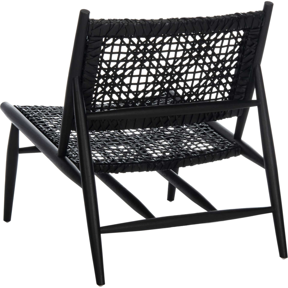 Open black leather latticework pairs with angled wooden supports for a sculptural silhouette.