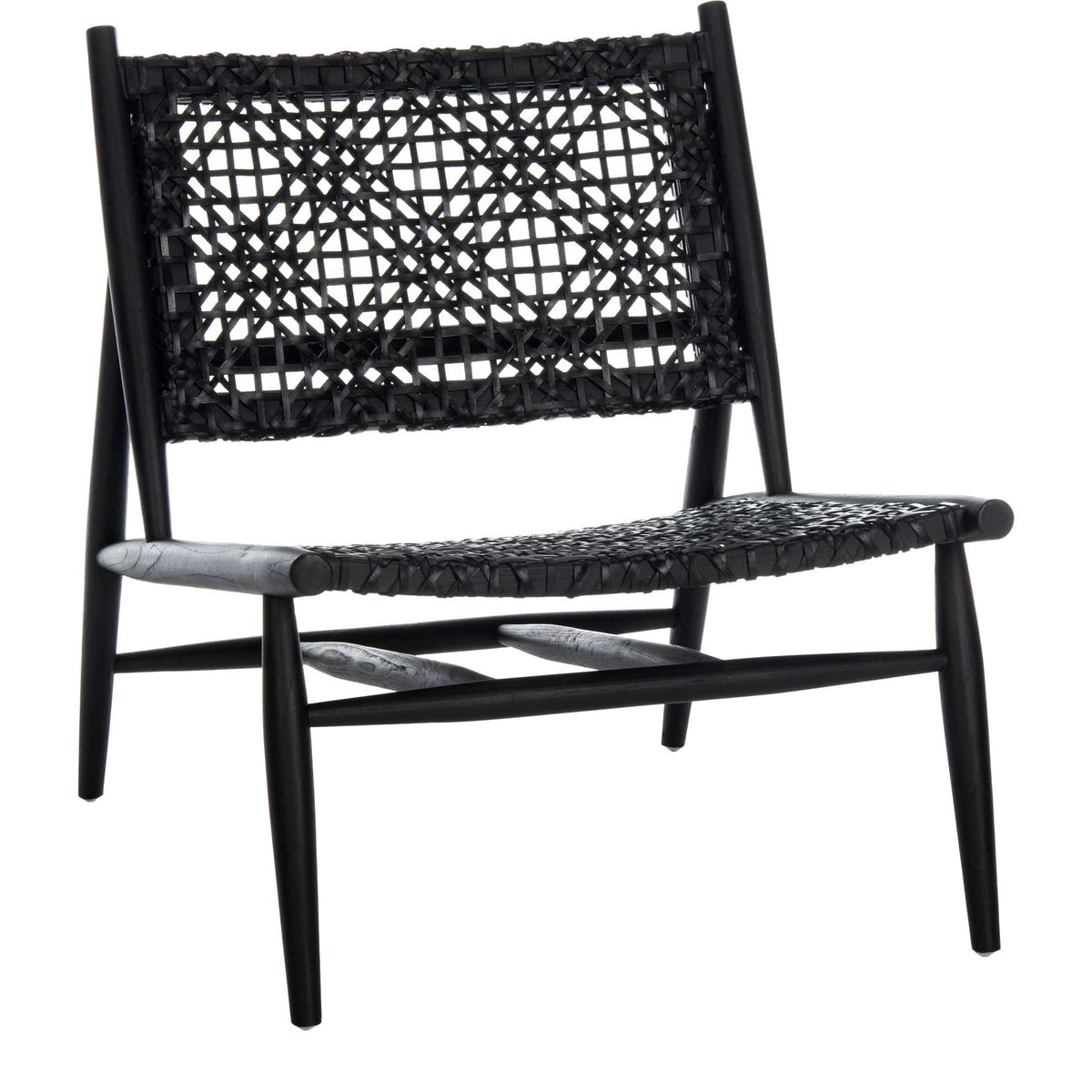Interlaced black leather gives this low-slung accent chair an airy seat and graphic woven backrest. || ACH1000B || front_angle_studio