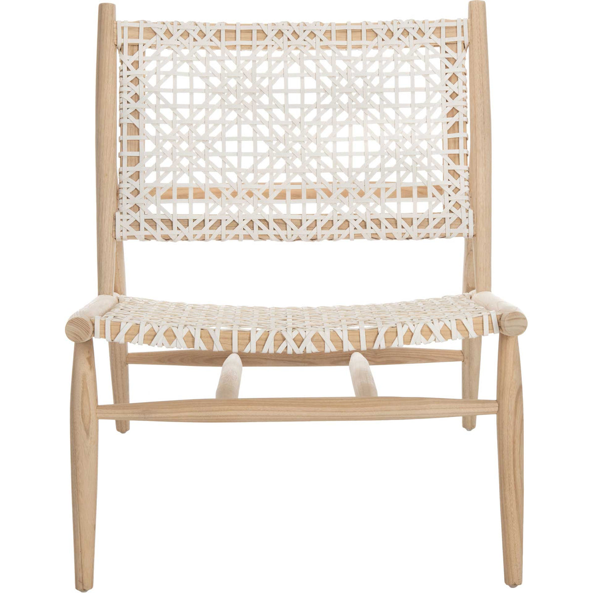 Bright white woven leather brings an airy geometric pattern to a light natural wood accent chair. || ACH1000D || front_studio