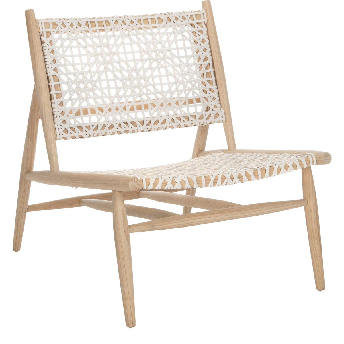 A white leather lattice spans the seat and backrest, paired with softly finished wood legs. || ACH1000D || front_angle_studio
