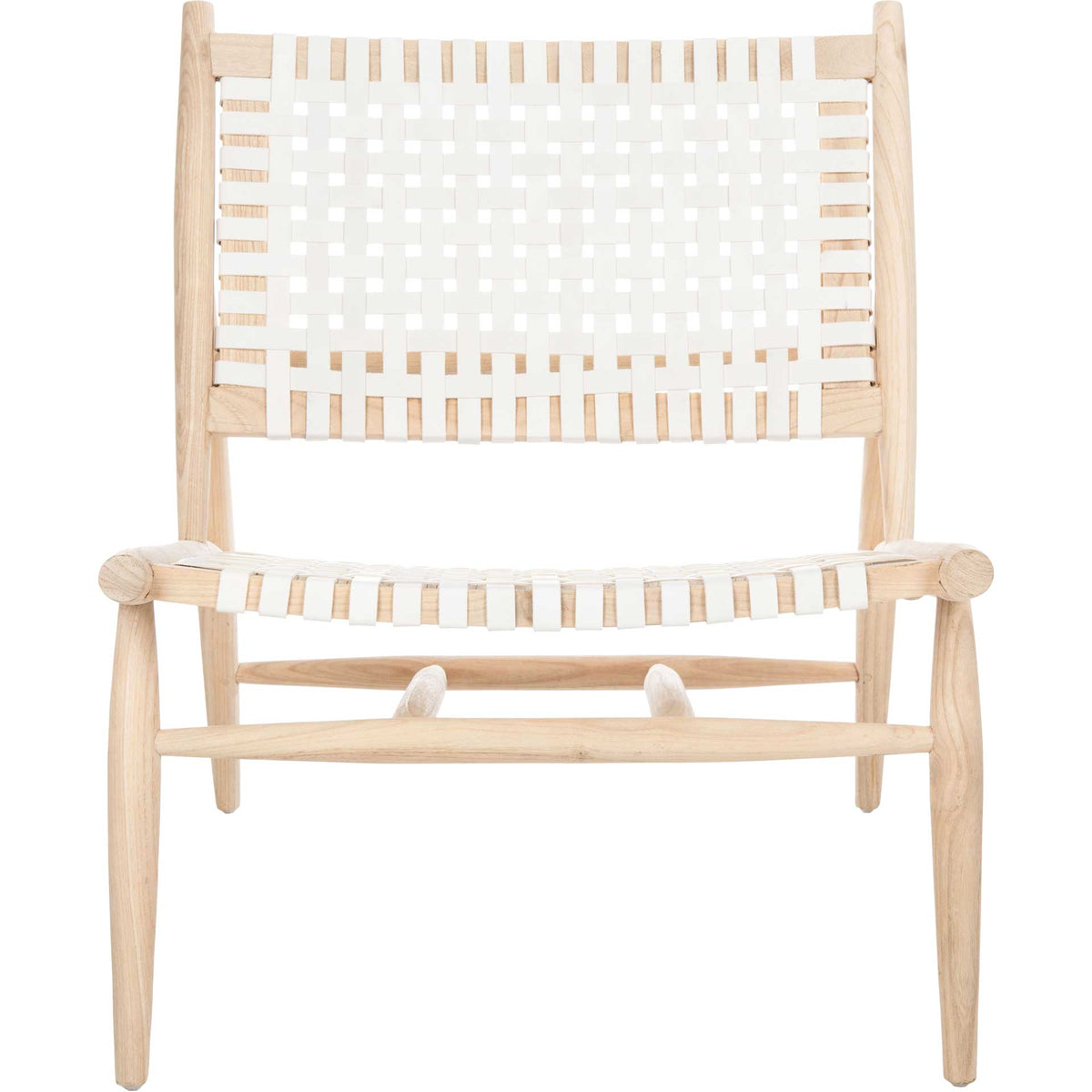 White leather webbing creates an airy seat and back within a light natural wood frame || ACH1001A || front_studio