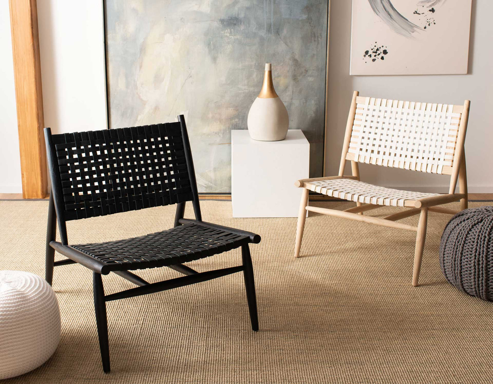 Sophie Leather Woven Accent Chair White/Natural