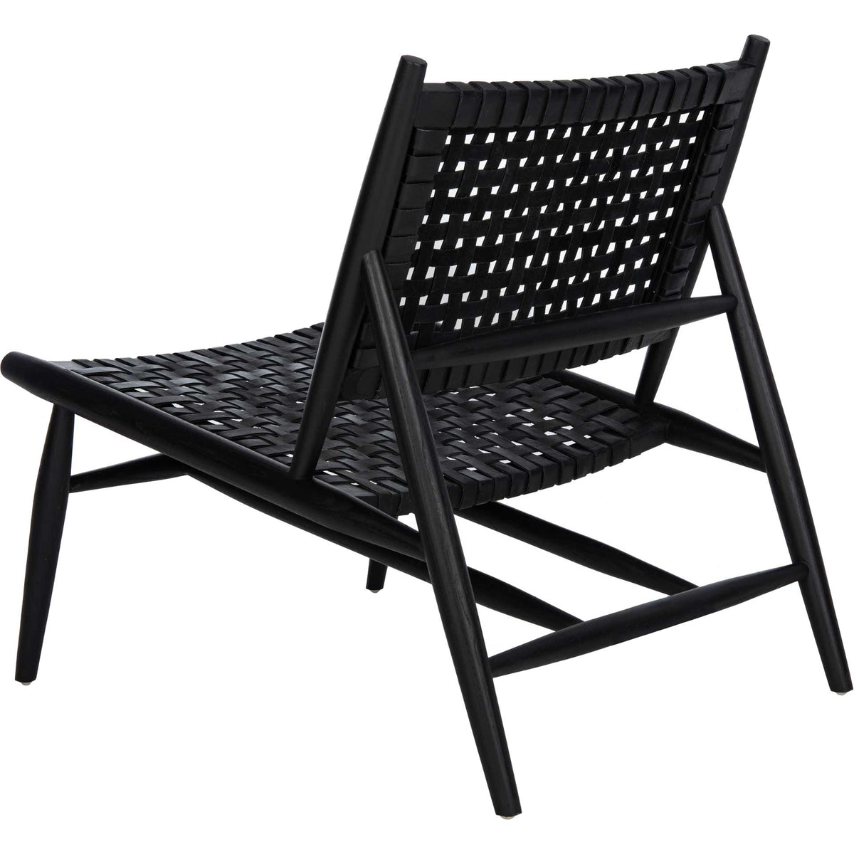 Black leather lattice extends behind the seat over sturdy cross-braced wood supports