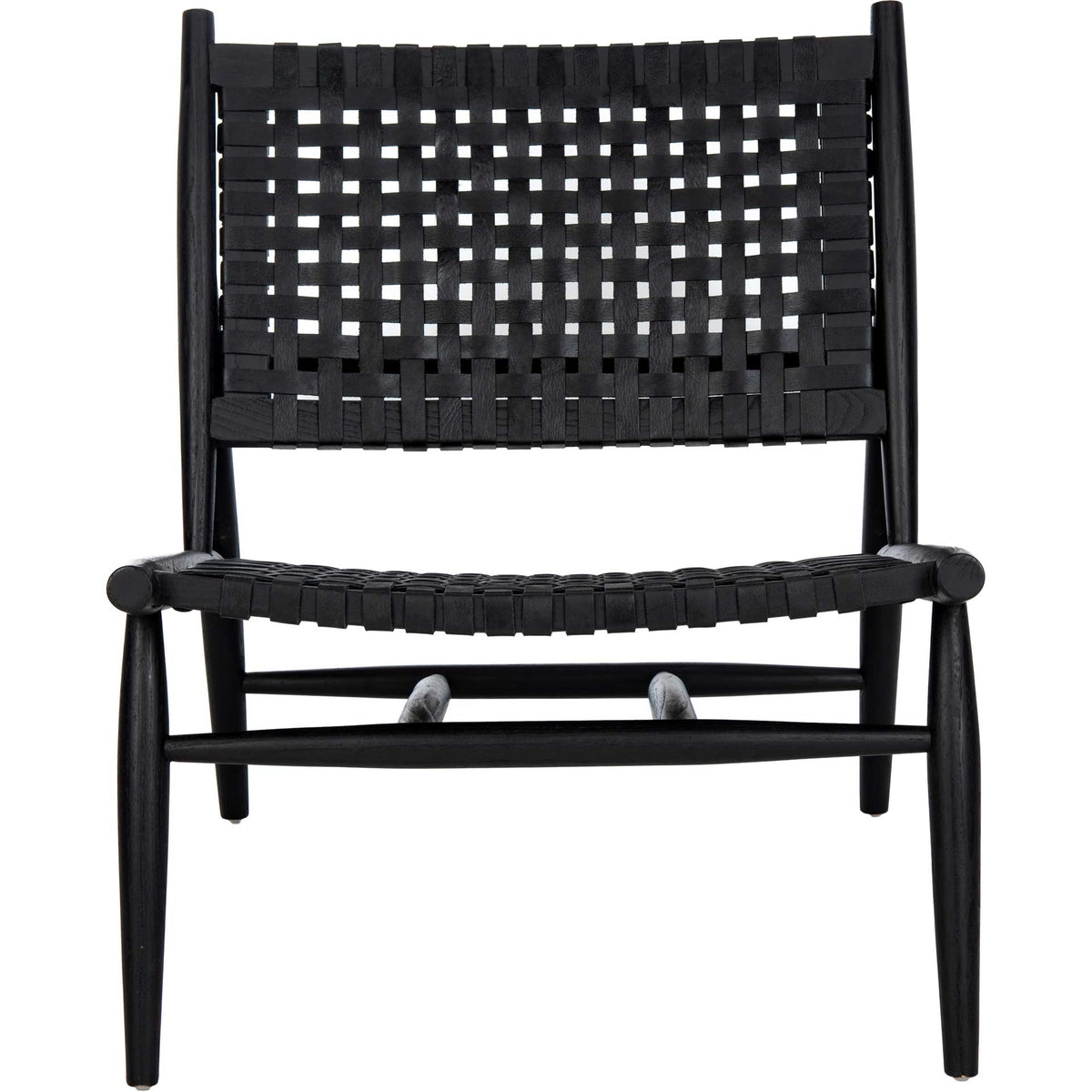 Black leather webbing forms an airy back and wide seat on a sleek wood accent chair || ACH1001D || front_studio