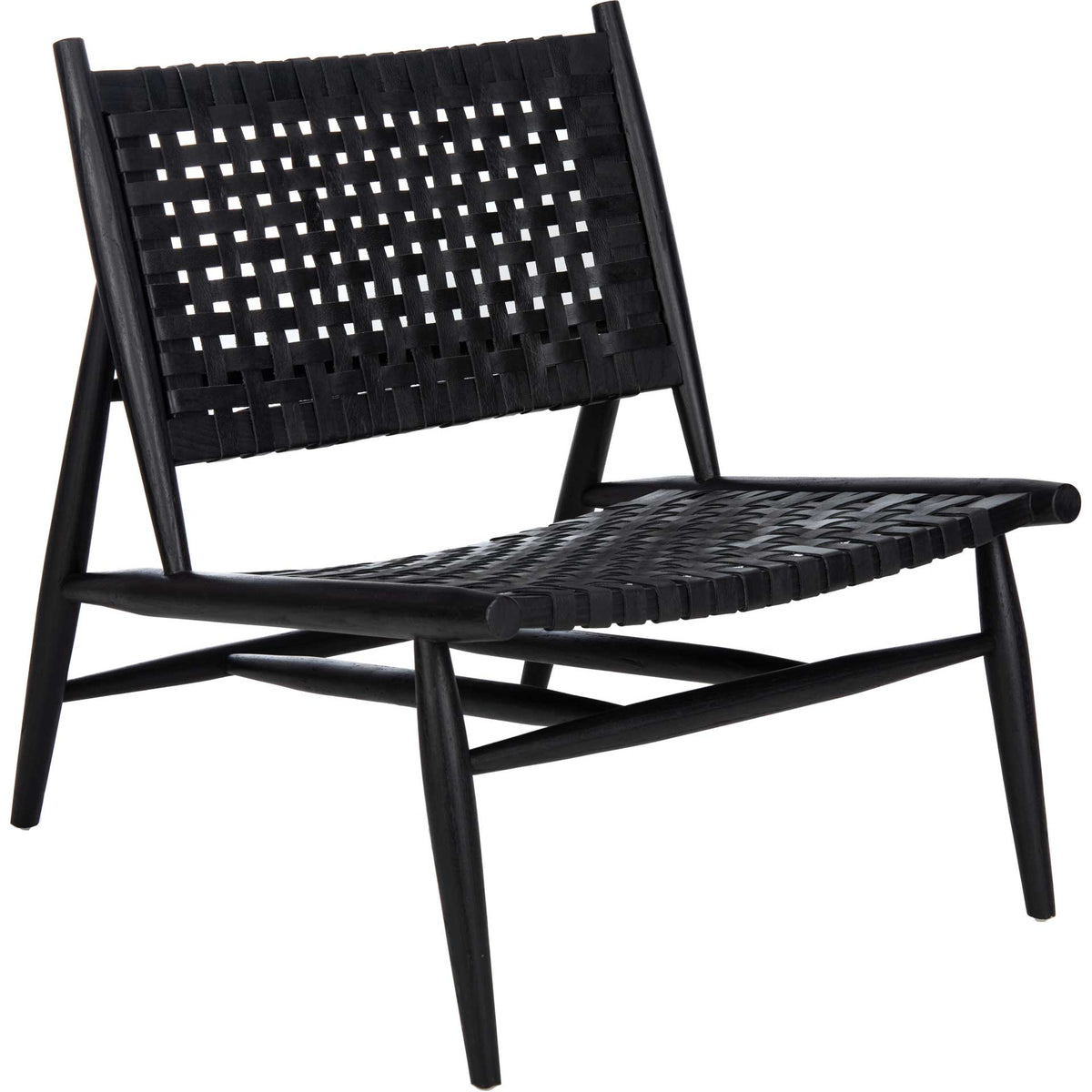 Low-slung black wood and woven leather create a relaxed, modern lounge silhouette || ACH1001D || front_angle_studio