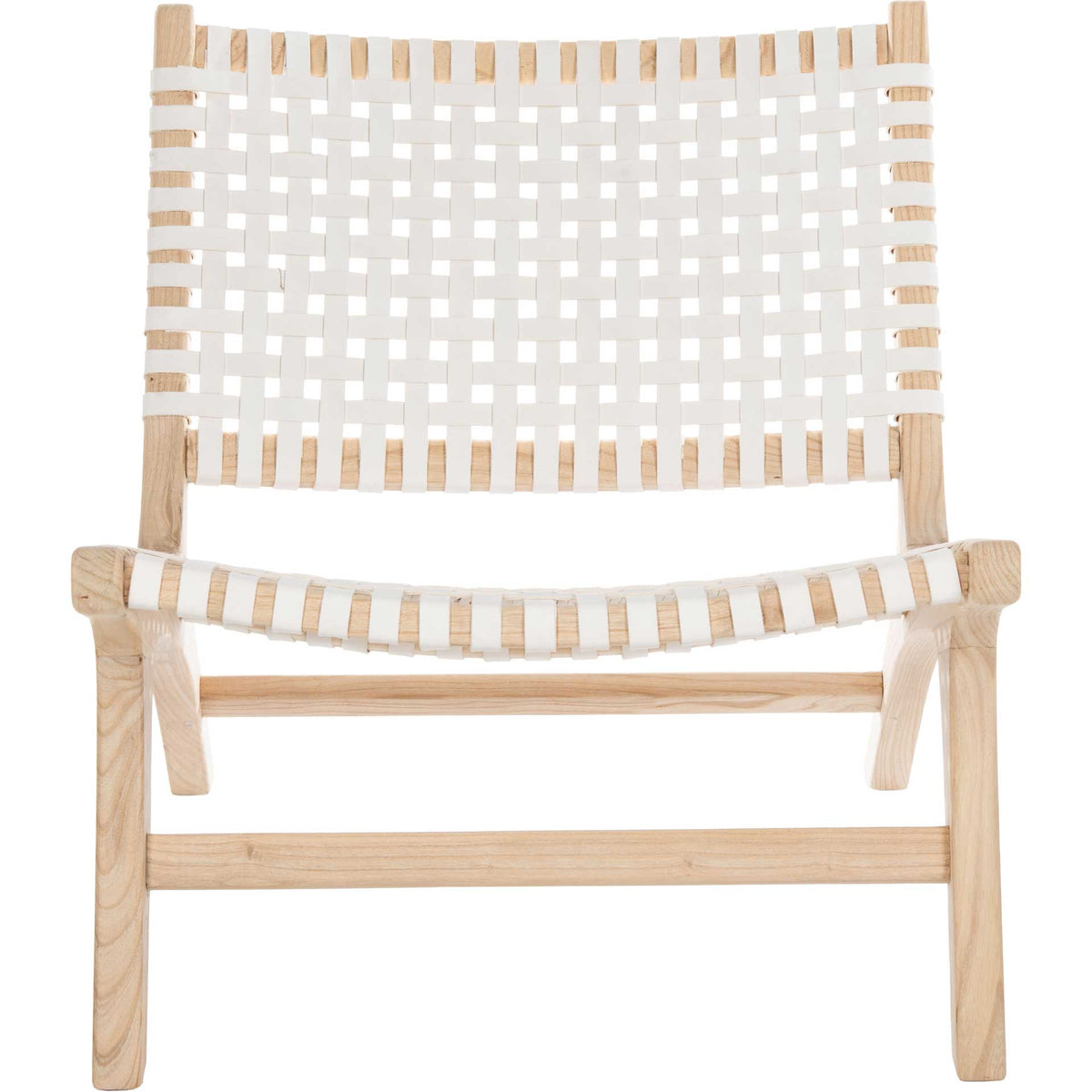 A bright white leather lattice spans the wide back and gently curved seat of this natural wood chair. || ACH1002A || front_studio