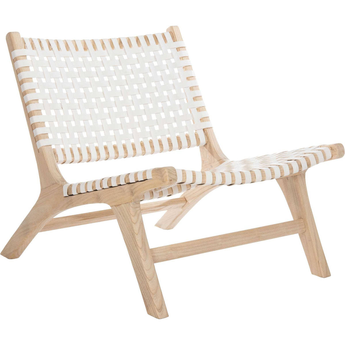 White leather straps weave an airy seat and tilted back over a pale natural wood frame. || ACH1002A || front_angle_studio