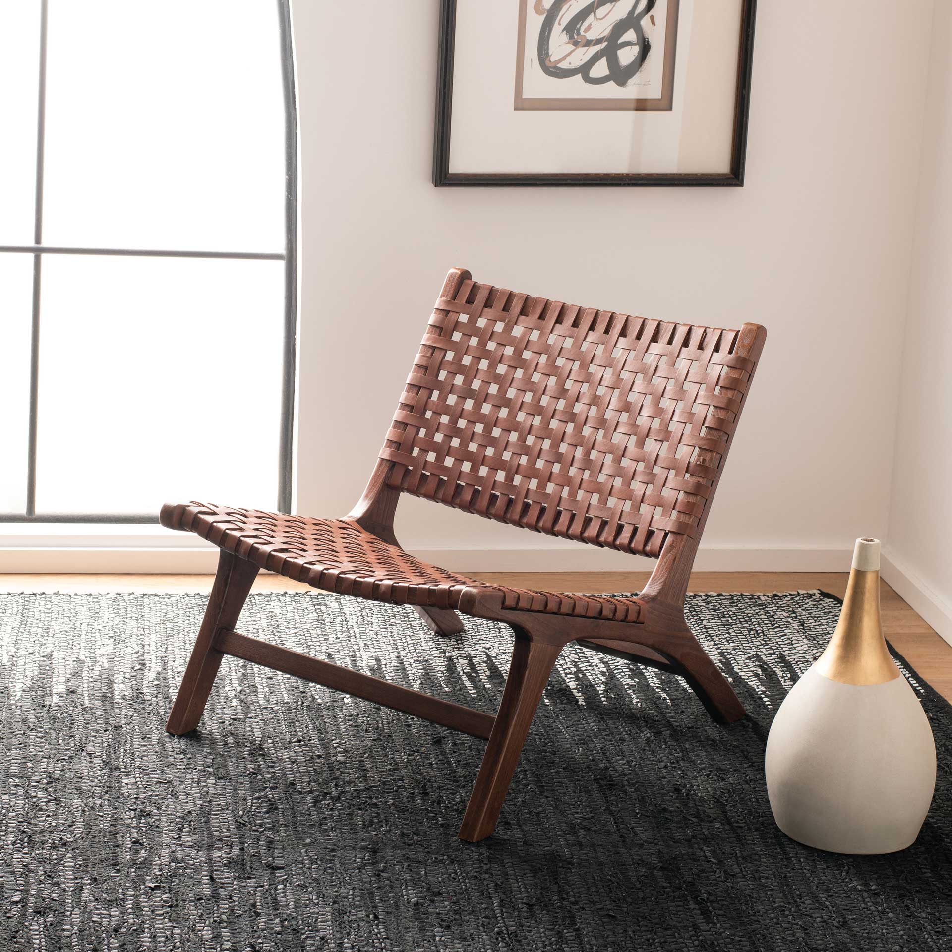 Luke Leather Woven Accent Chair Cognac/Brown