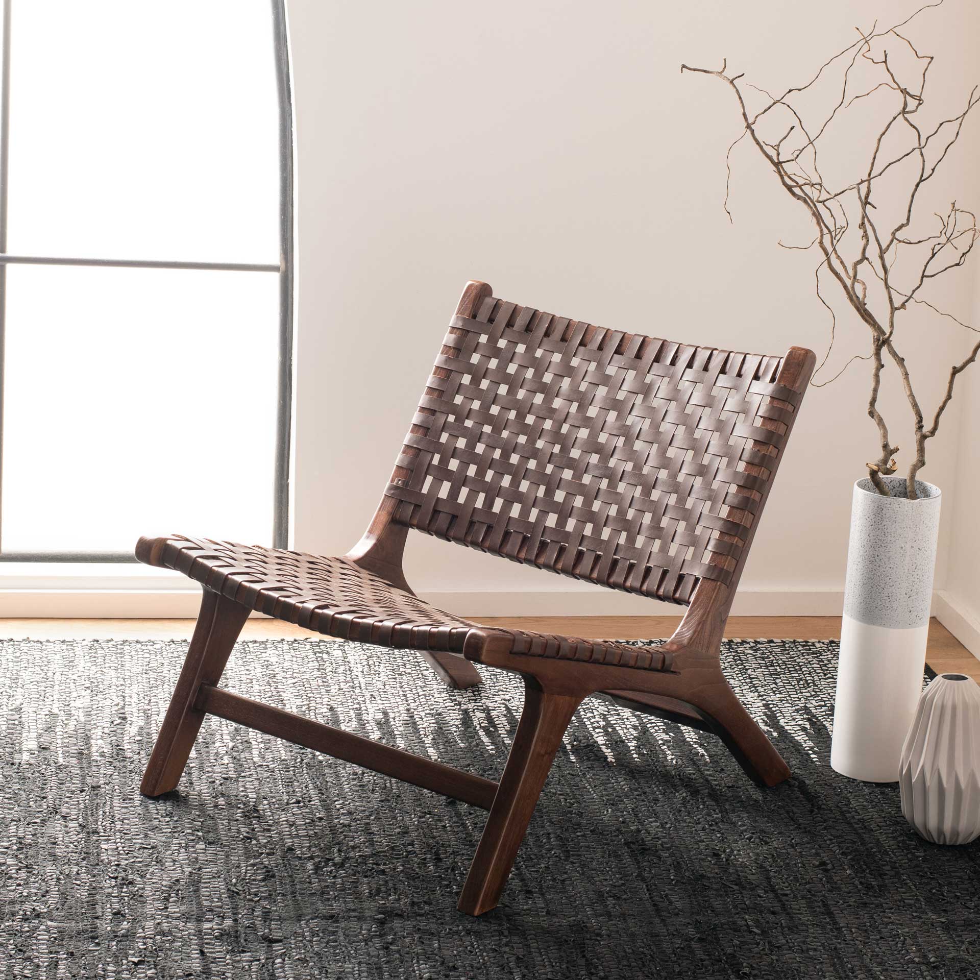 Luke Leather Woven Accent Chair Brown
