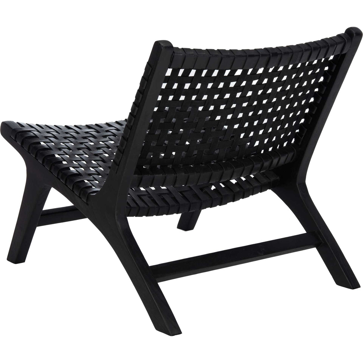 Interlaced leather bands continue across the seat and back, framed by sculptural black wood.