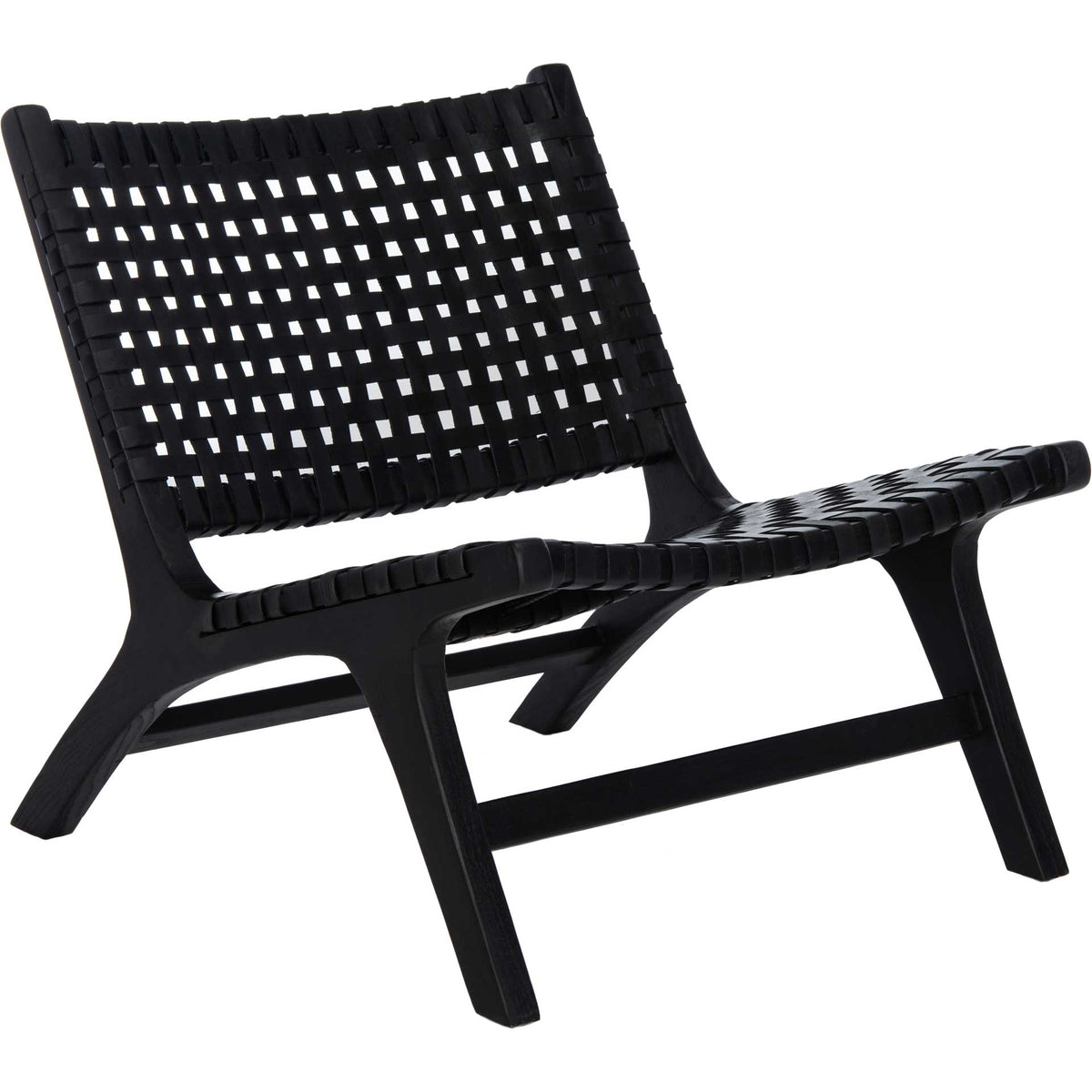 Black leather strips weave an airy seat and reclined back over an angular black wood frame. || ACH1002D || front_angle_studio