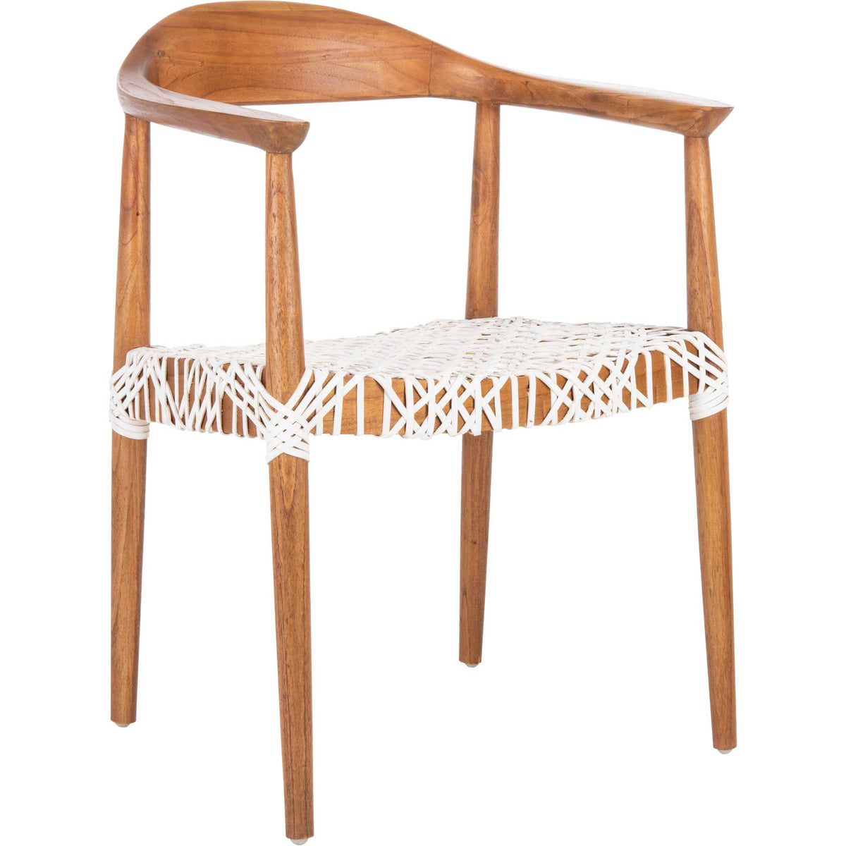 Warm natural wood curves around an airy seat woven from white leather strips. || ACH1003A || front_angle_studio