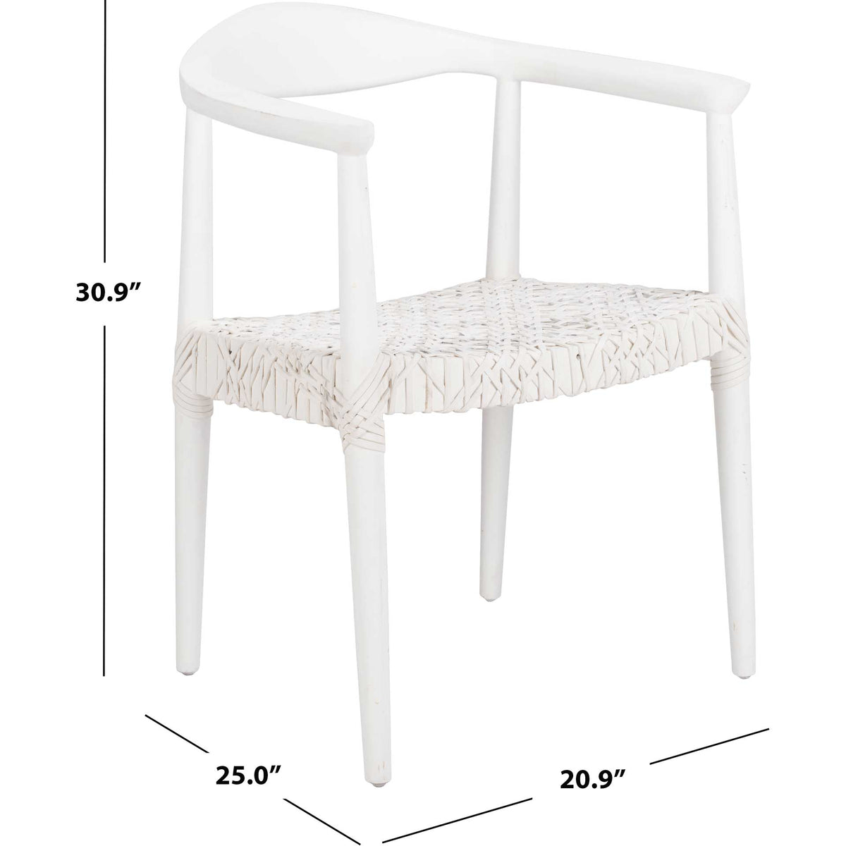 White wood and woven leather form a chair 25 inches wide, 20.9 inches deep, and 30.9 inches high.