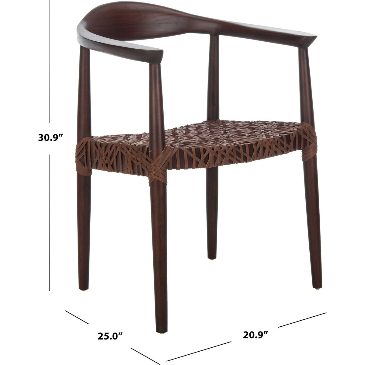 Walnut-finished wood and brown woven leather meet in a chair 25 inches wide.