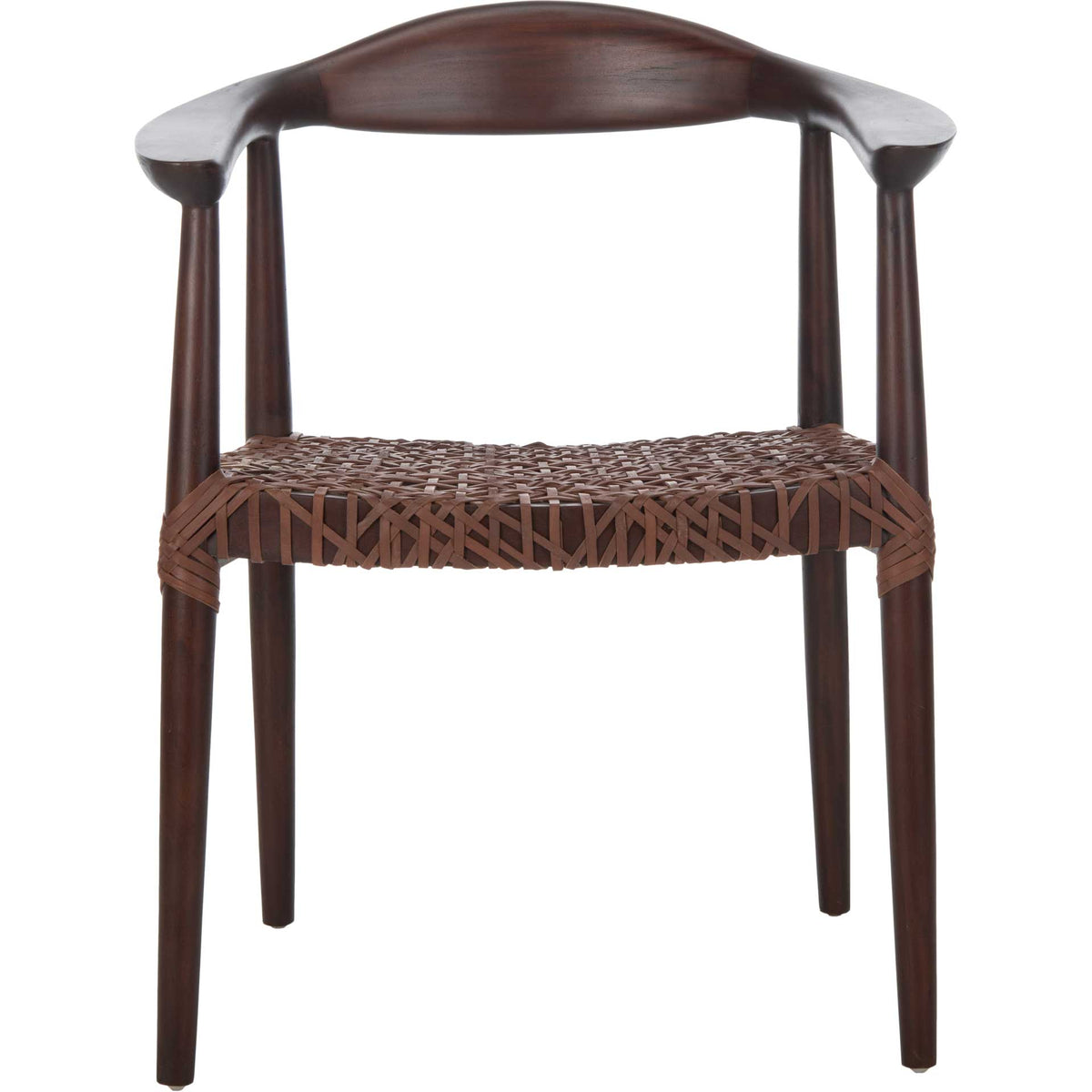 A curved mahogany backrest crowns a rich brown leather weave and slim tapered legs. || ACH1003C || front_studio