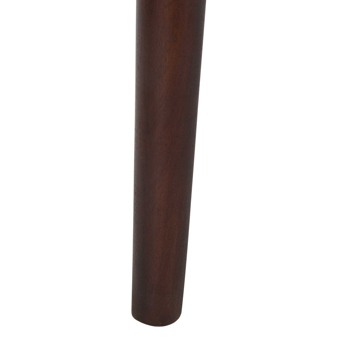 A slender, tapered wood leg carries the chair's deep walnut-toned finish.