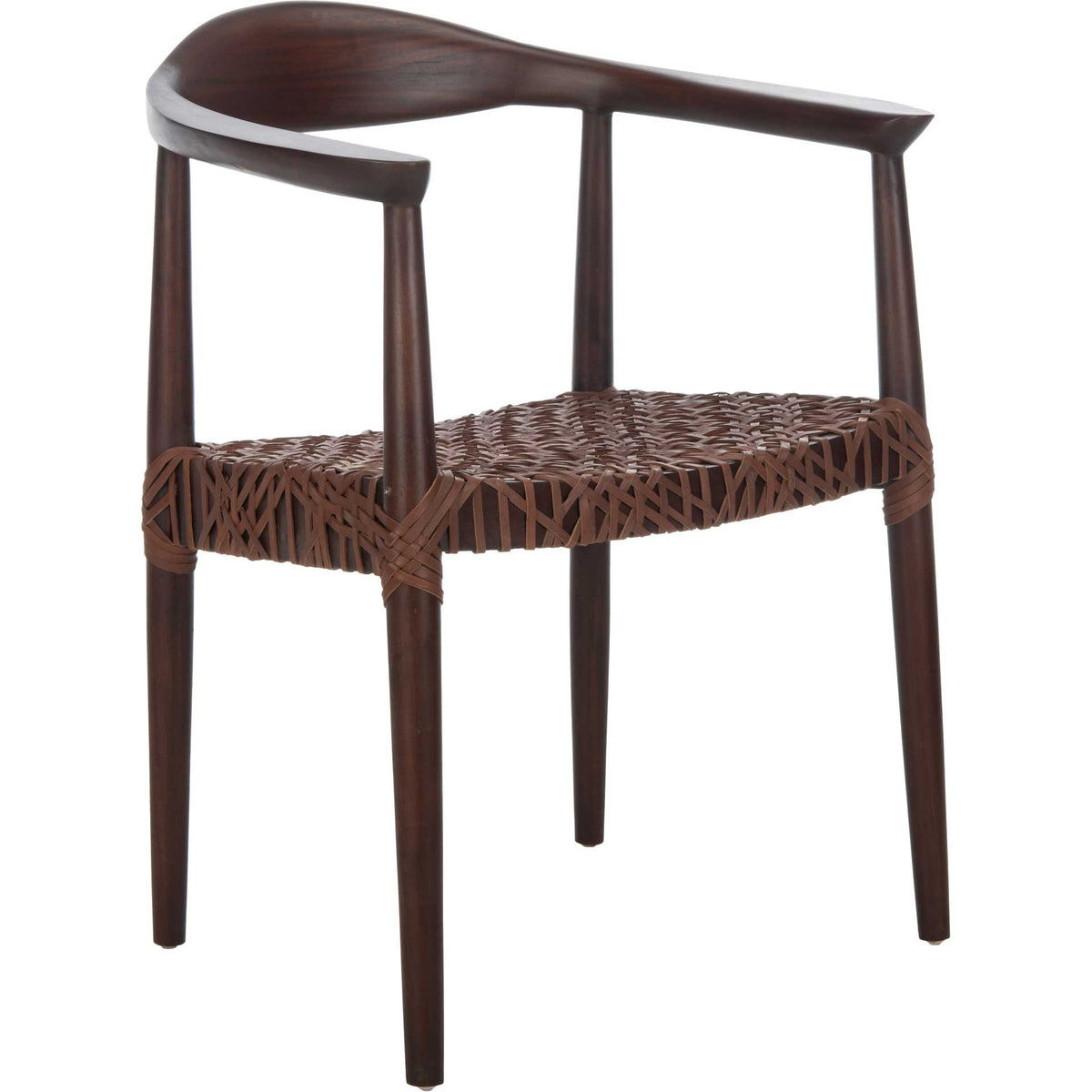 Dark walnut-finished wood curves around a brown leather seat with an airy basket weave. || ACH1003C || front_angle_studio
