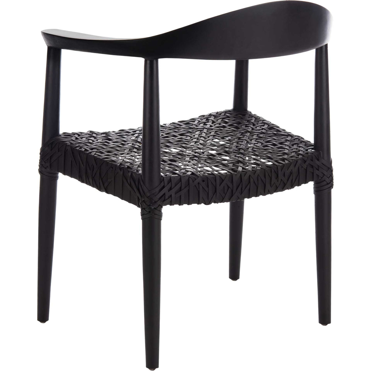 Black leather strands form a geometric seat beneath the chair's graceful wood back.