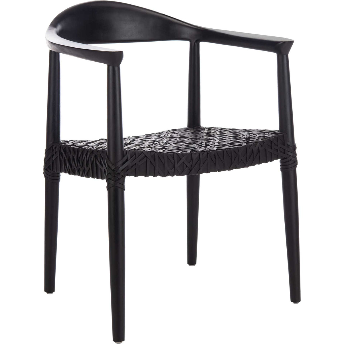 Sculpted black wood arms cradle a tightly woven black leather seat. || ACH1003D || front_angle_studio