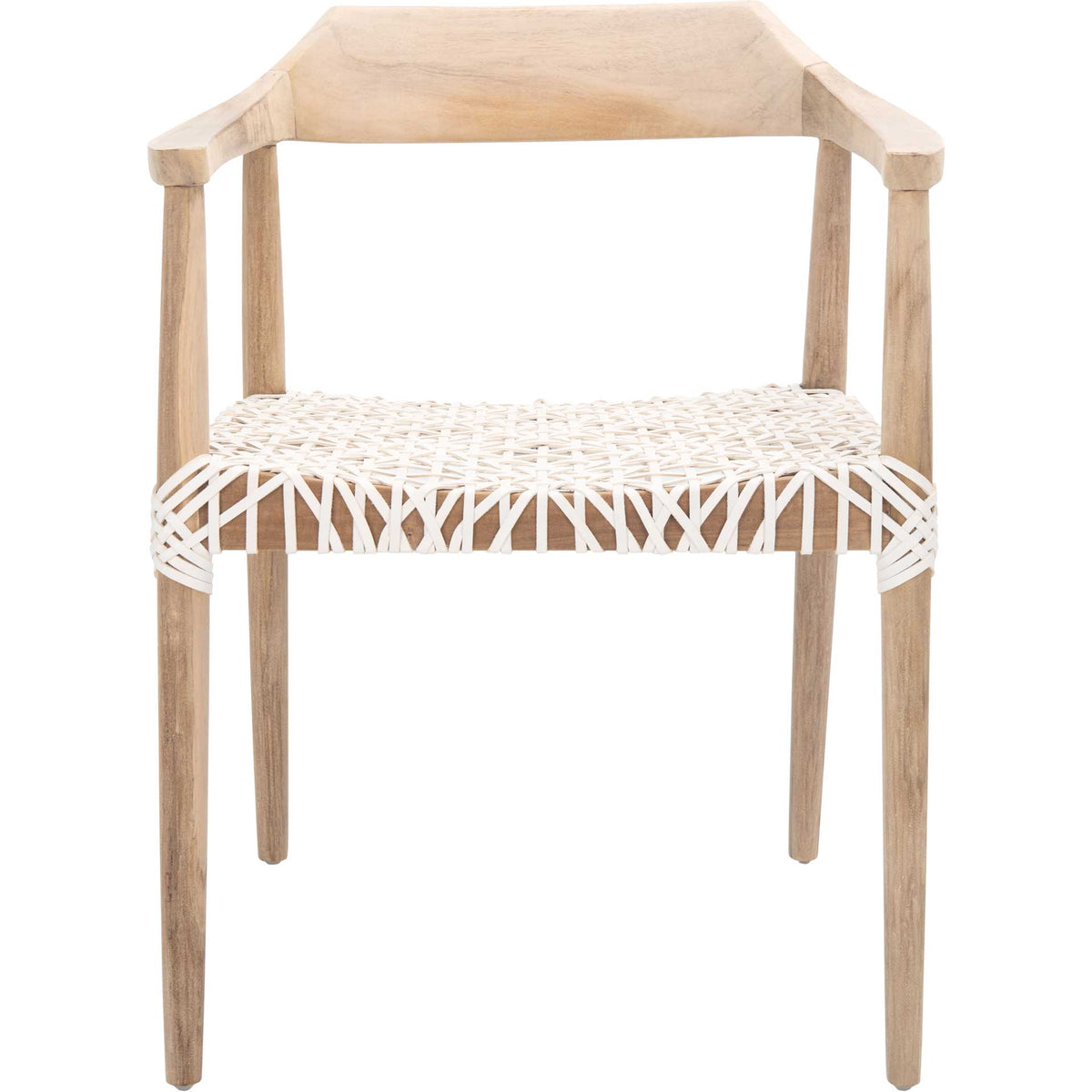 White leather latticework brightens the sculpted teak frame and gently curved arms || ACH1005A || front_studio