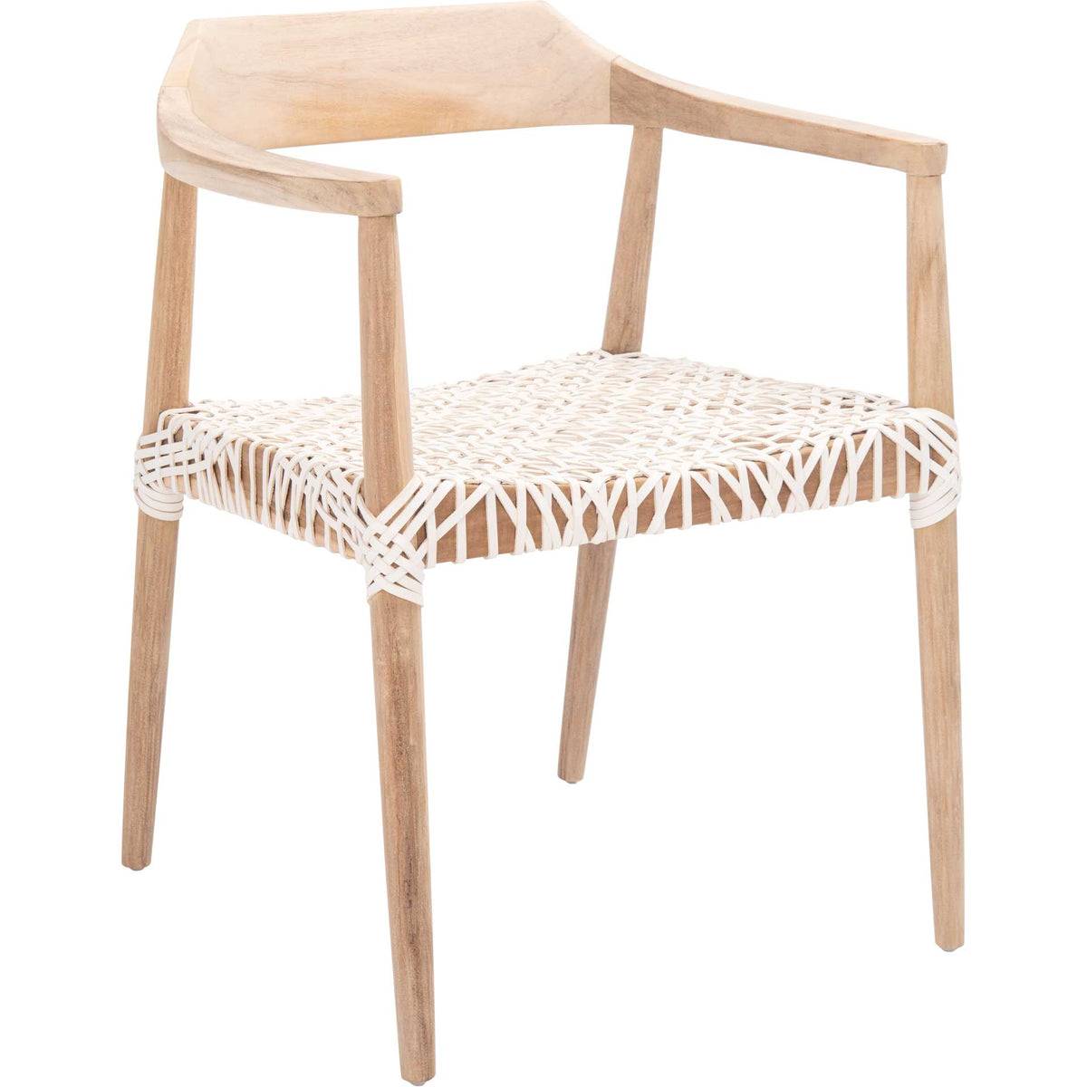 A crisp white woven leather seat contrasts with slim, naturally toned teak legs || ACH1005A || front_angle_studio
