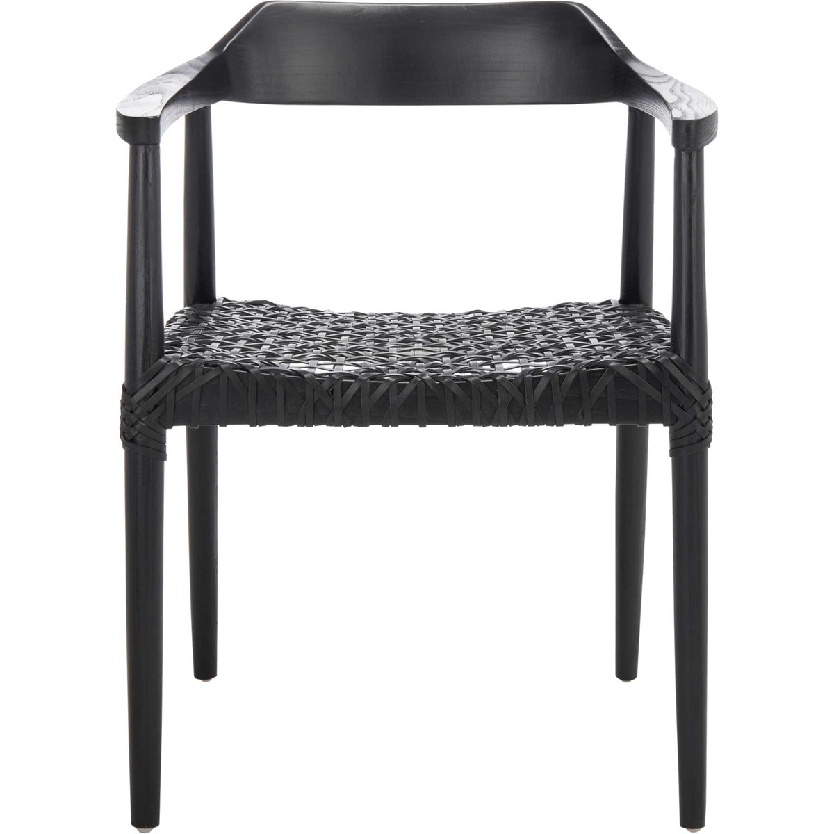Black leather latticework lends airy texture to a sleek wood accent chair || ACH1005B || front_studio